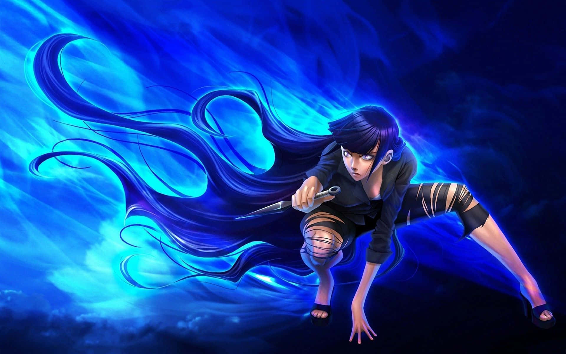 Sanaa ya Dijiti ya Neon Bluu ya Hinata Hyuga Naruto Picha ya Ukuta