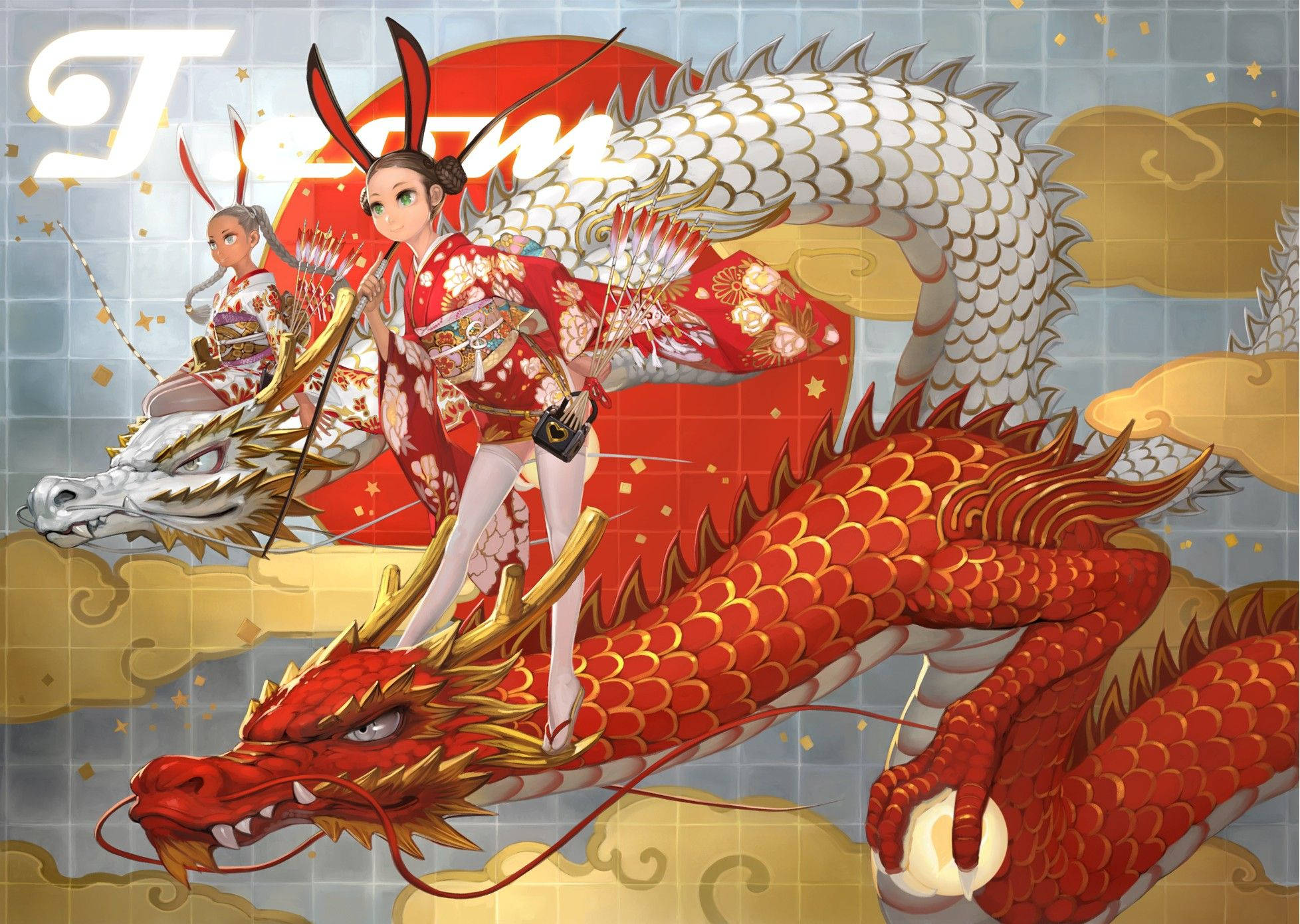 Sanaa ya Dragoni ya Japani yenye Mwani wa Dhahabu Picha ya Ukuta