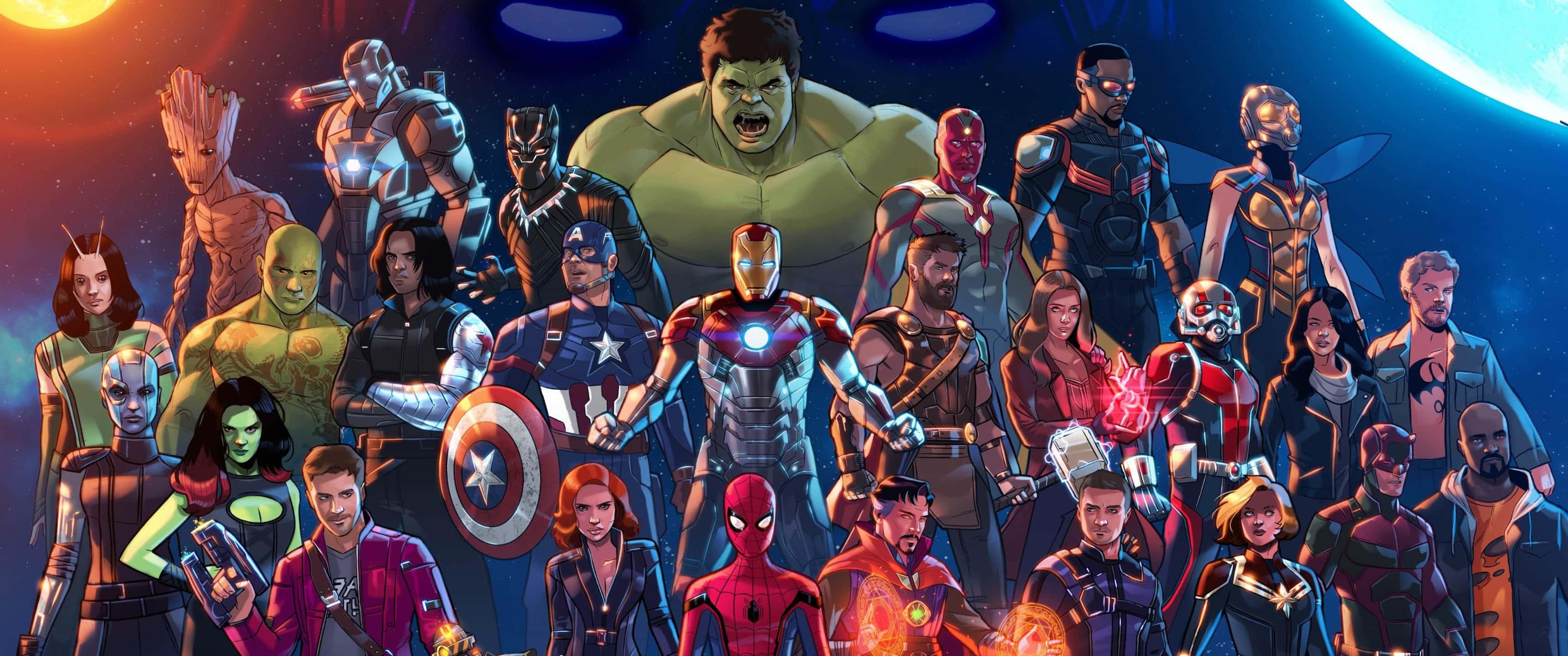 Sanaa ya Katuni ya Mashujaa wa Marvel 3440 x 1440 Picha ya Ukuta