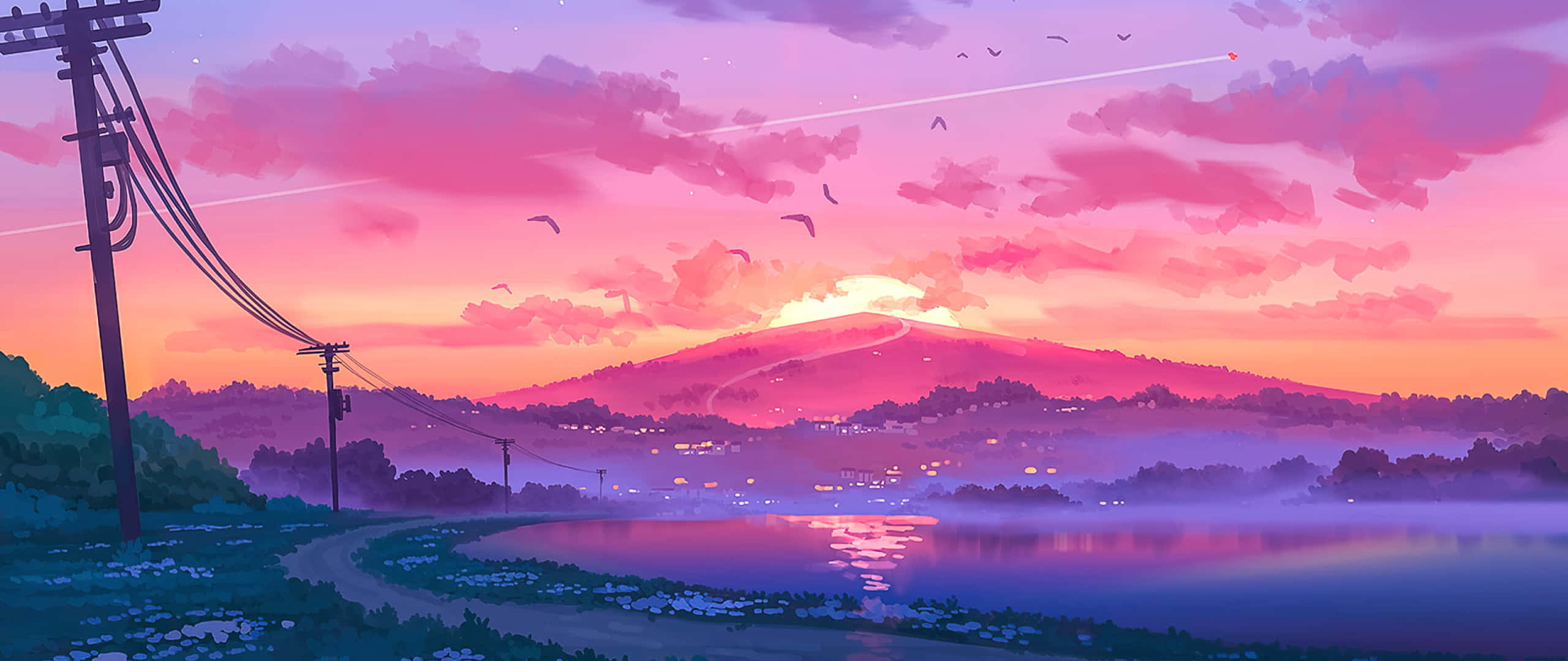 Sanaa ya Mandhari ya Jua Kutwa katika Anime 2560x1080 Picha ya Ukuta