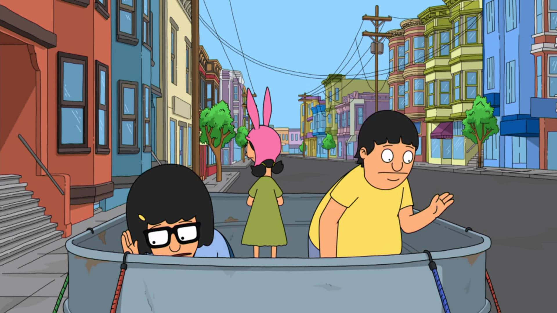 Sanaa ya Mfululizo wa Bob's Burgers: Bob na Familia Yake Wamesimama Katika Duka Lao la Burger Picha ya Ukuta