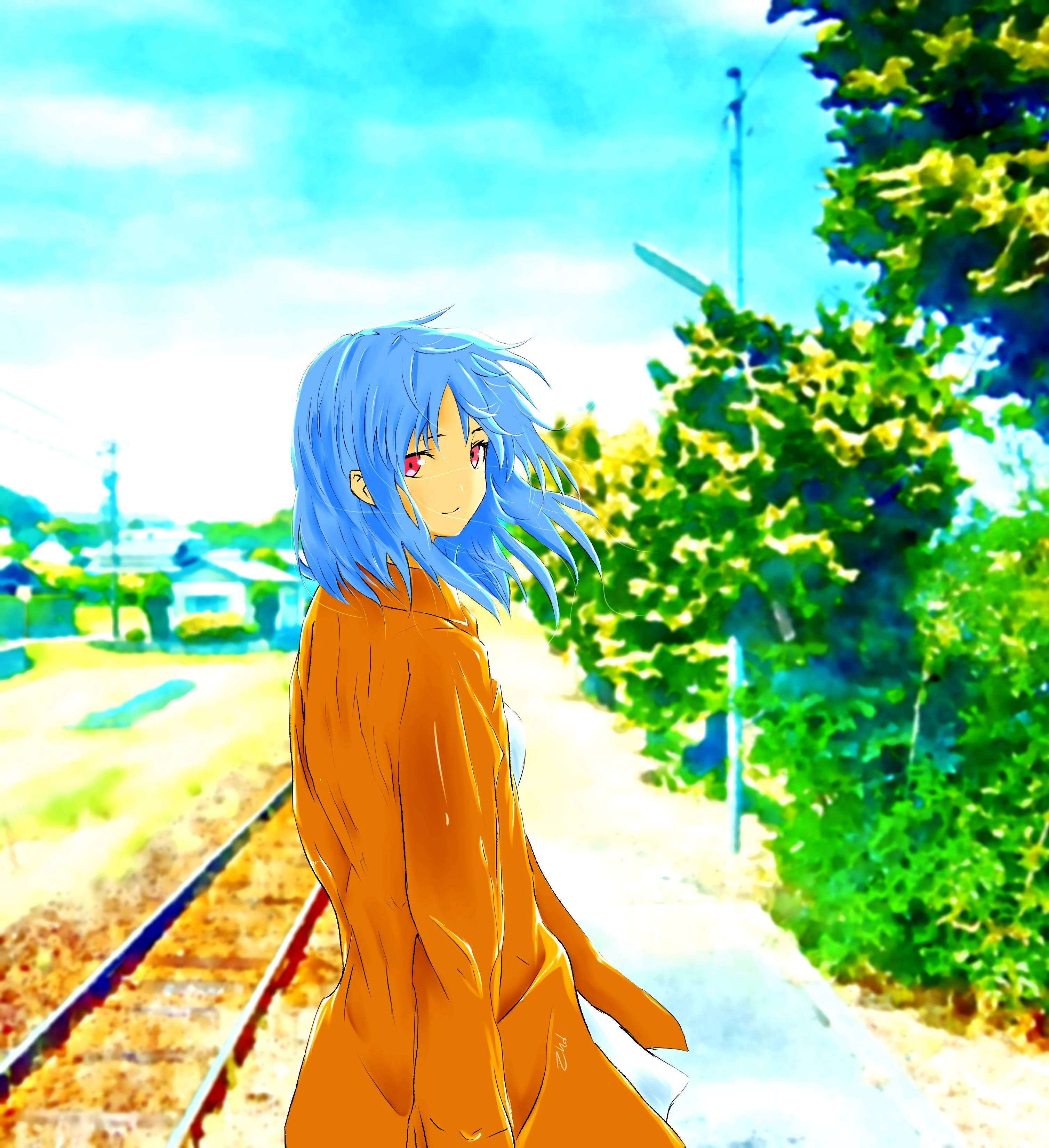 Sanaa ya Msichana wa Anime Karibu na Reli Picha ya Ukuta