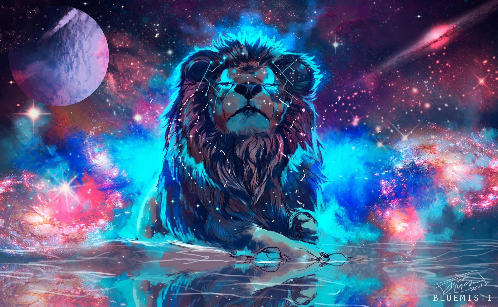 Sanaa ya Neon ya Simba wa Galaxy Inayotuliza Picha ya Ukuta