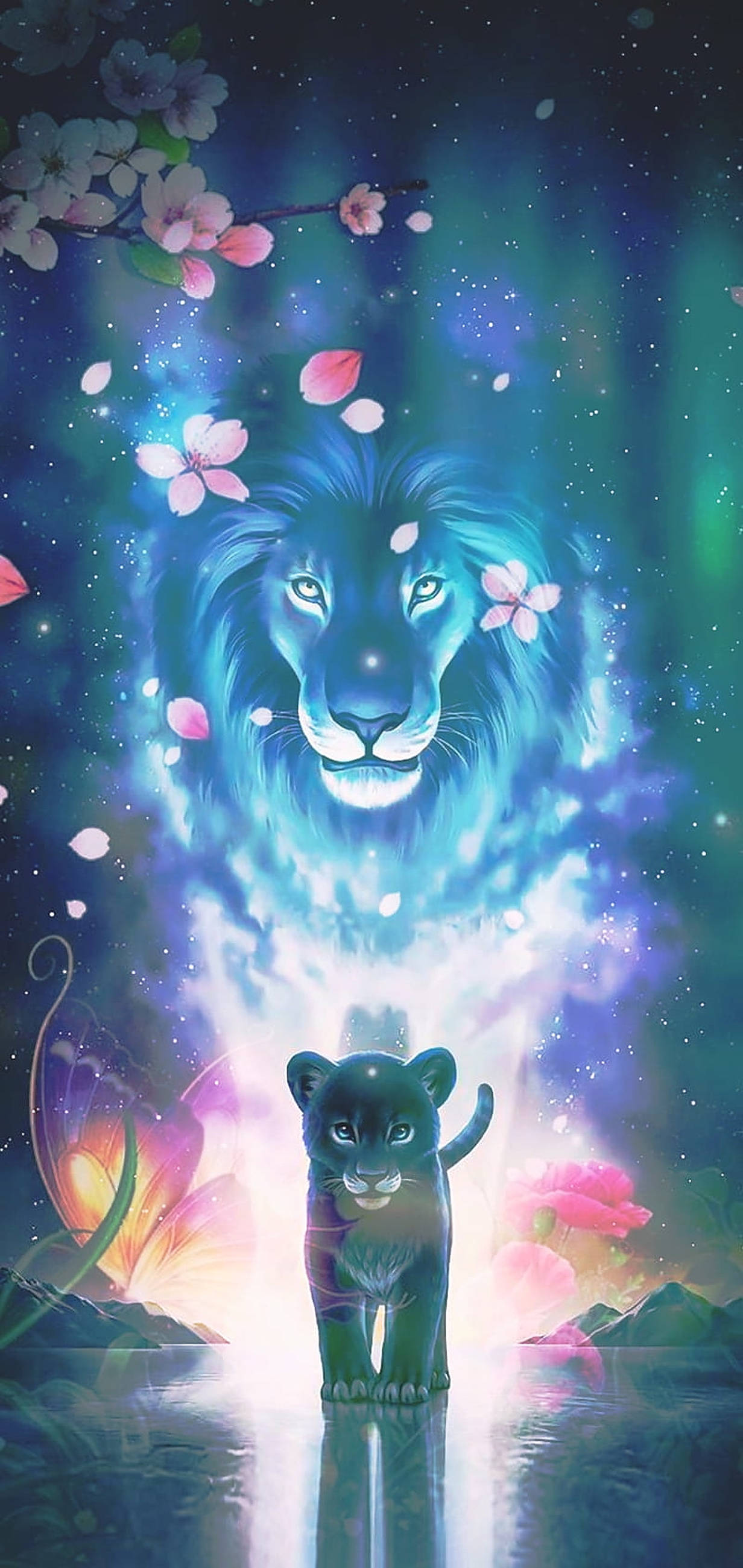 Sanaa ya Simba wa Kifalme ya Maua na Galaxy Picha ya Ukuta