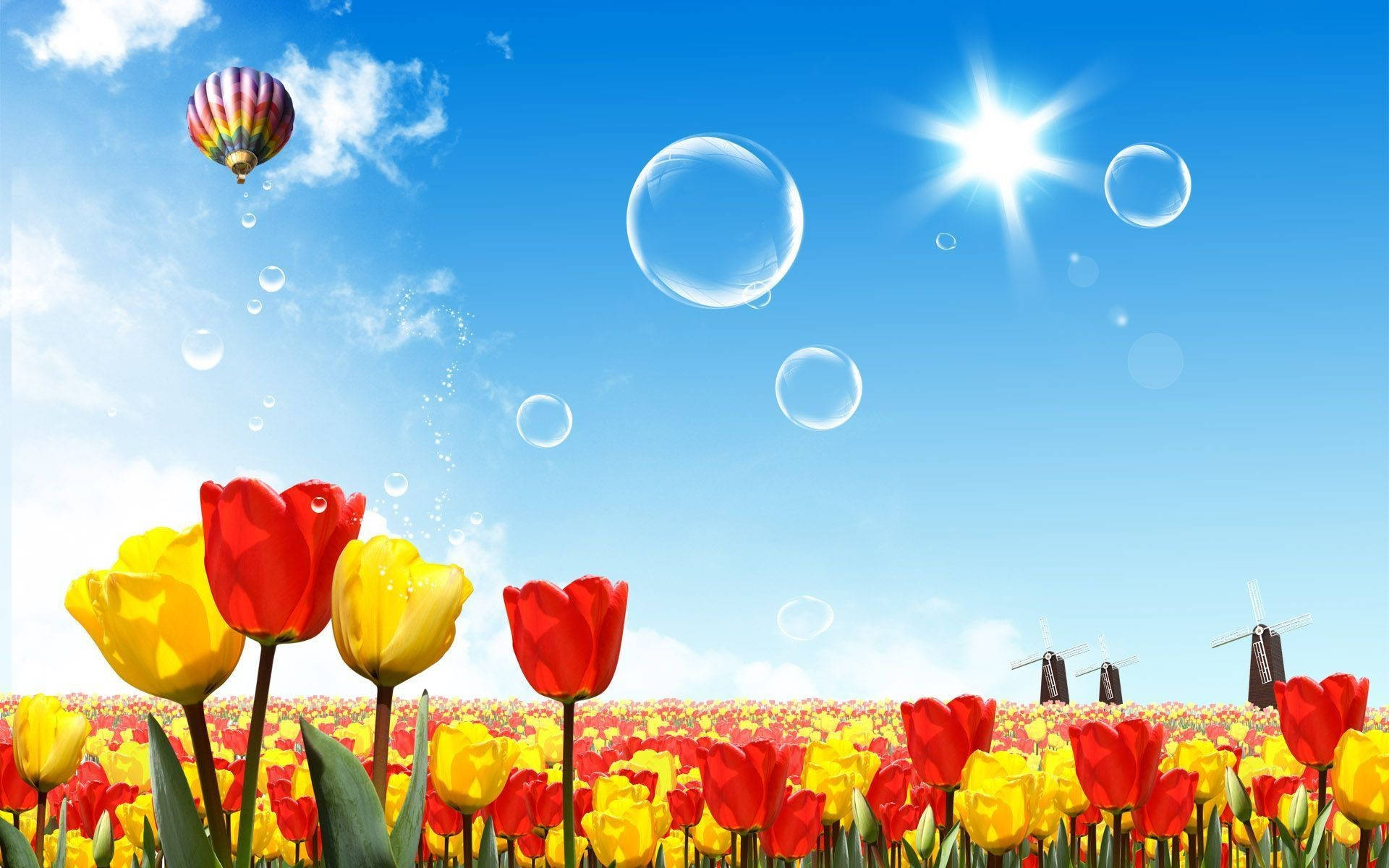Sanaa ya Tulips kwenye Dawatio la Majira ya Joto Picha ya Ukuta