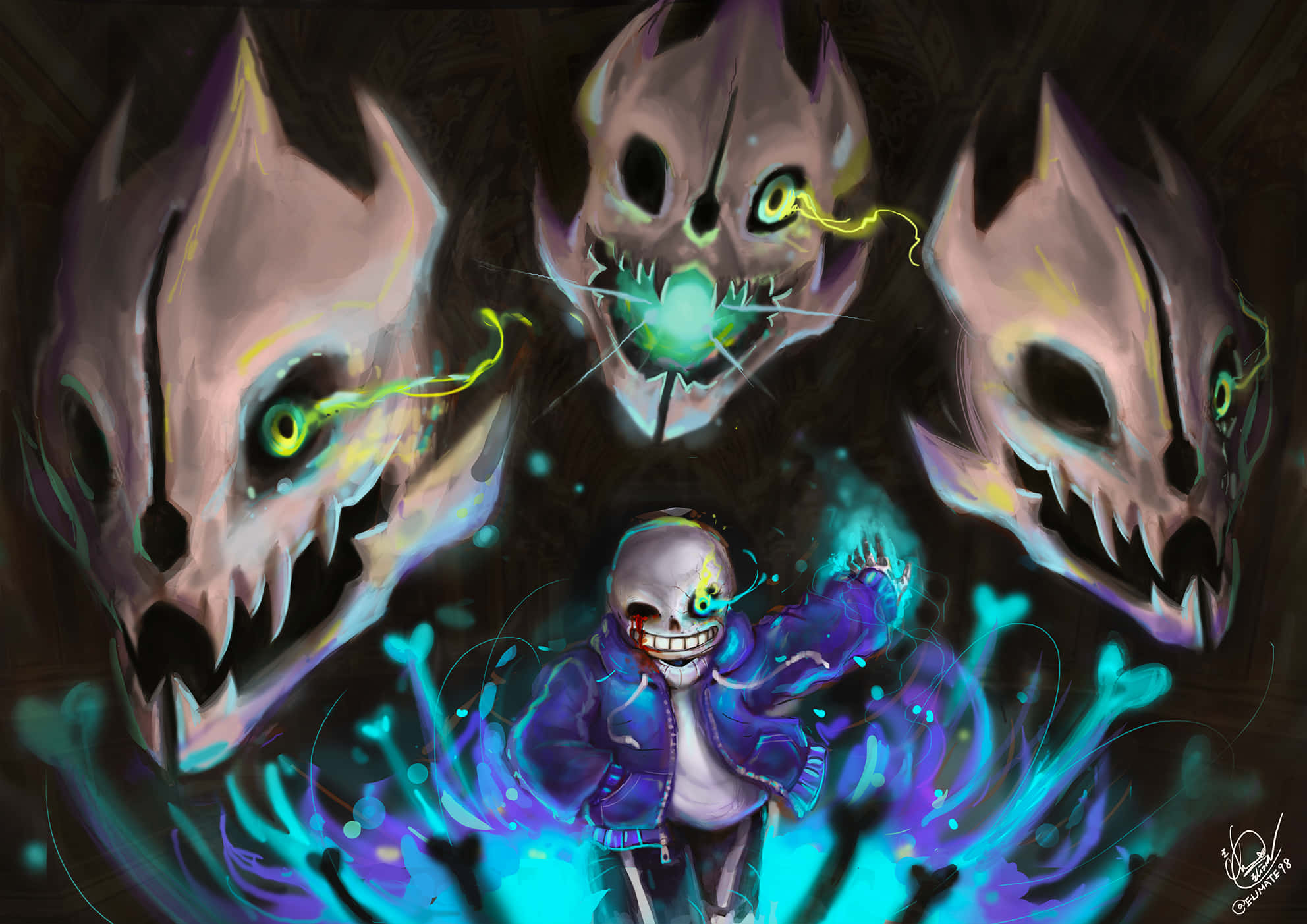 Sans kutoka mchezo wa RPG wa kujitegemea Undertale anatabasamu kwa ujanja. Picha ya Ukuta