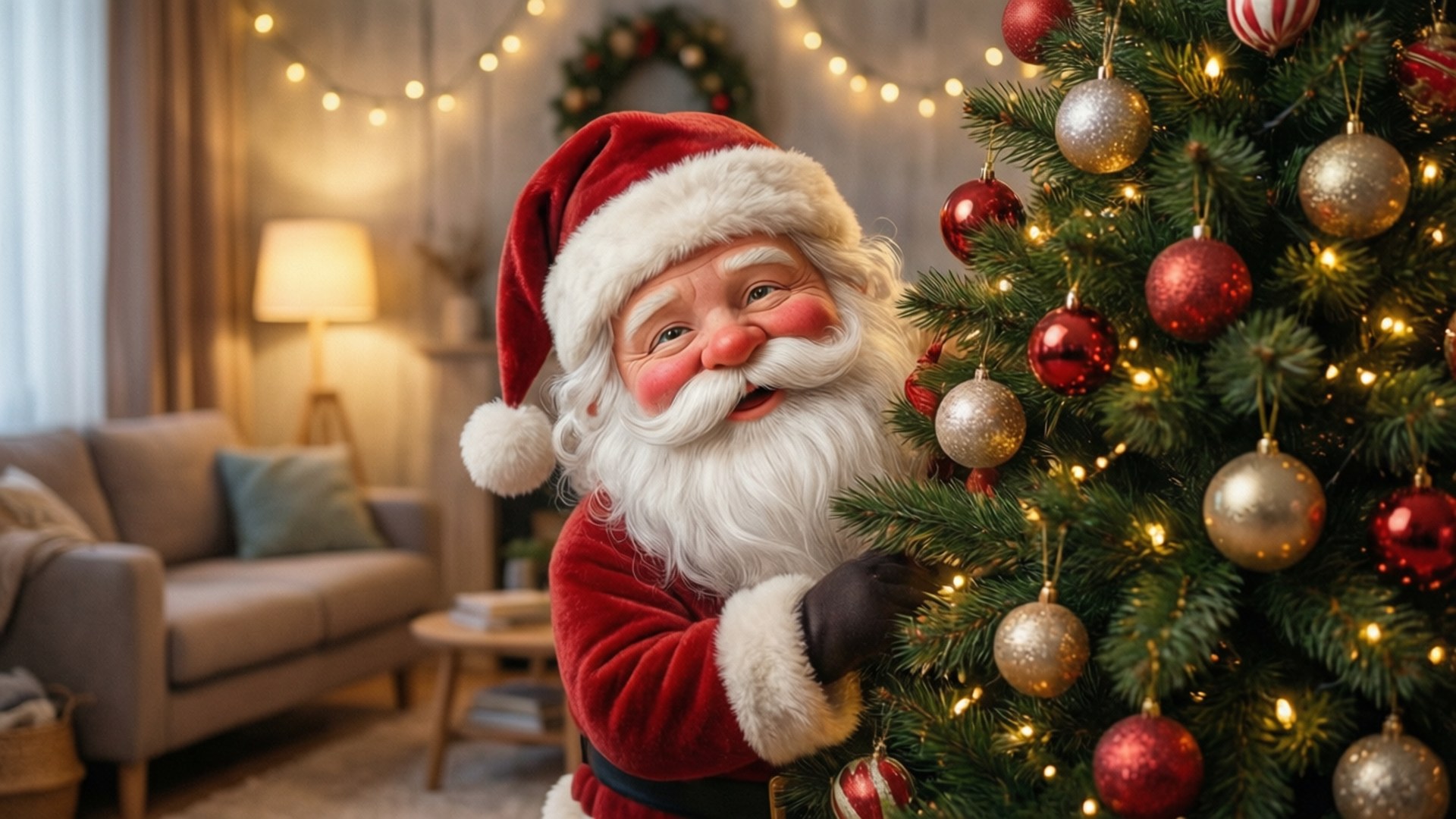 Santa Anayechungulia Nyuma ya Mti Picha ya Ukuta