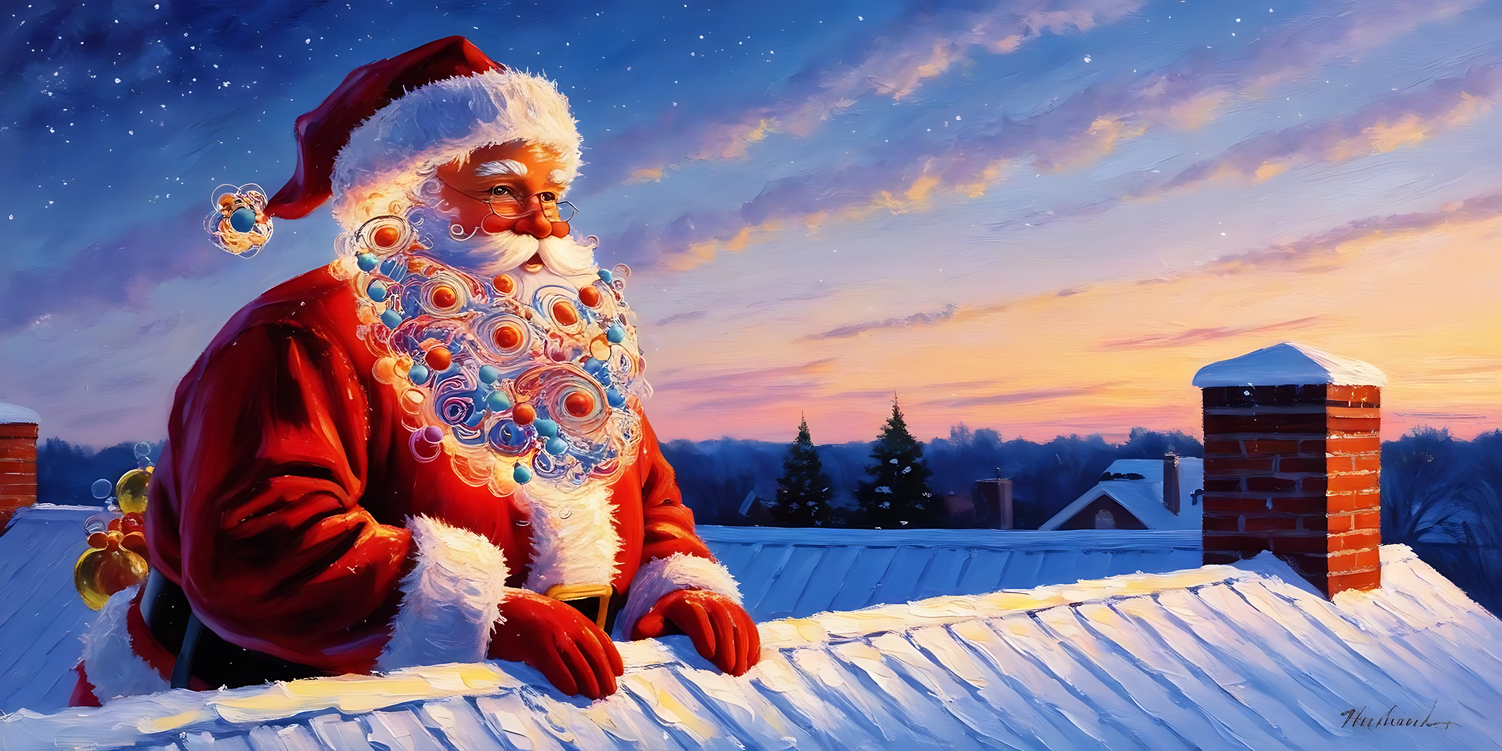 Santa Claus ameketi juu ya paa Picha ya Ukuta