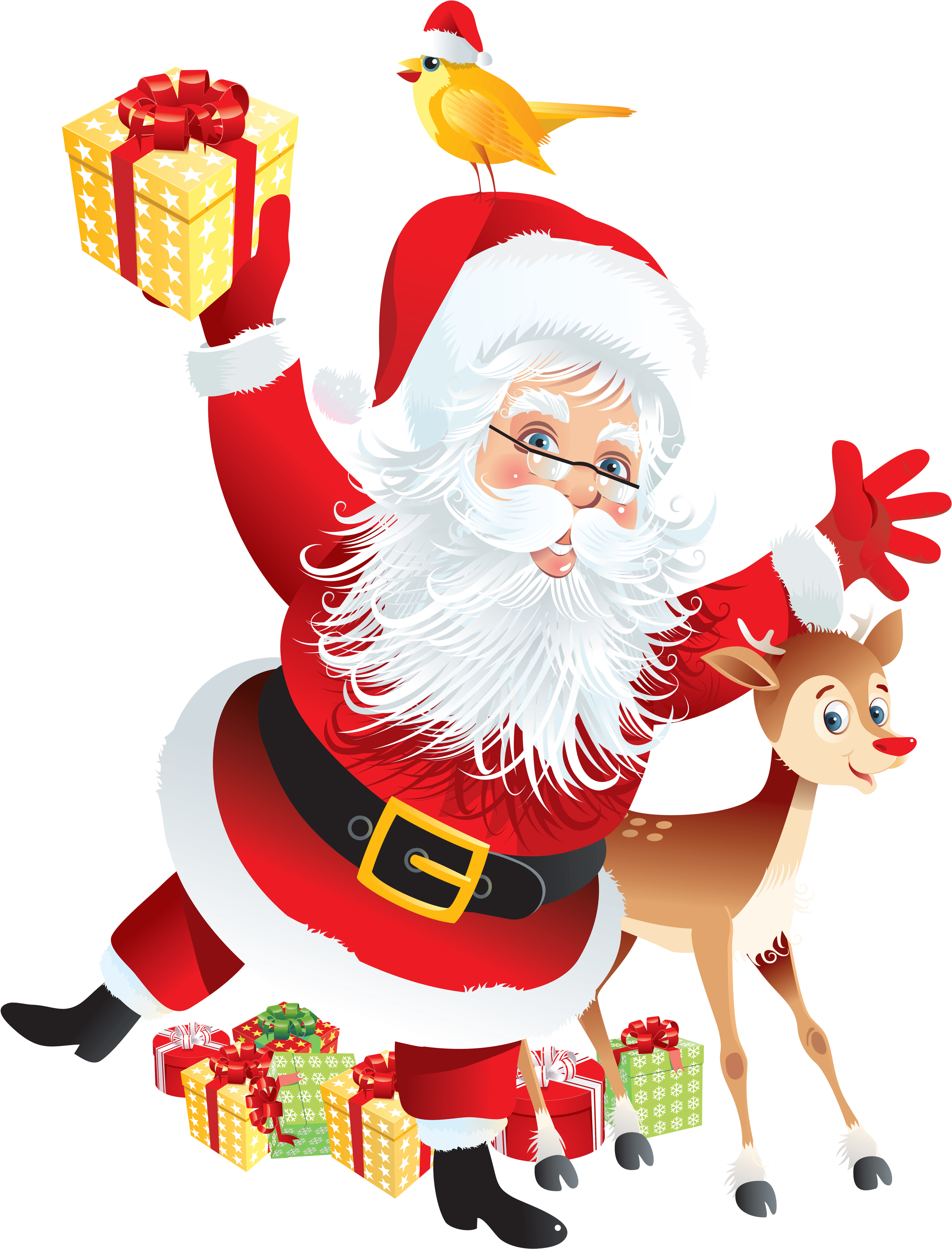Santa Claus Mwenye Furaha Akiwa na Zawadi na Kulungu Picha ya Ukuta