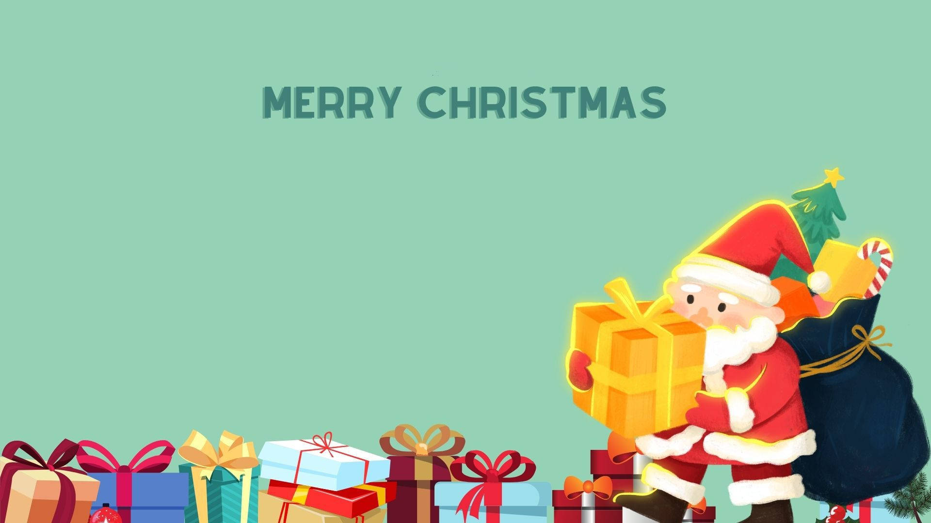 Santa Claus Mzuri Pamoja na Zawadi za Krismasi Picha ya Ukuta