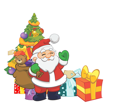 Santa Claus na Mti wa Krismasi na Zawadi Picha ya Ukuta