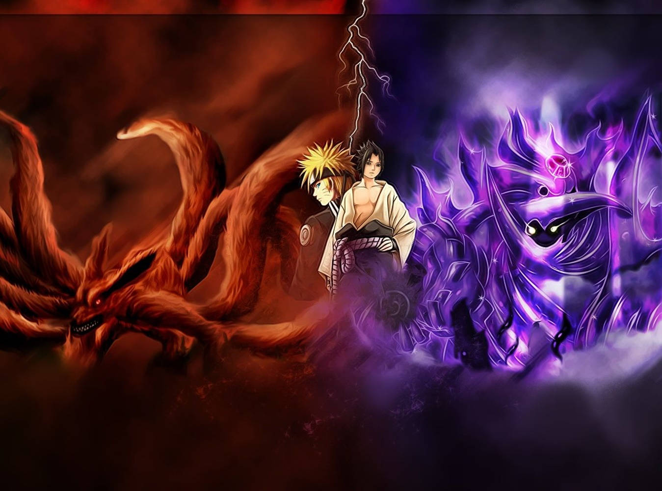 Sasuke na Anime Naruto Wenye Mikia Tisa Picha ya Ukuta