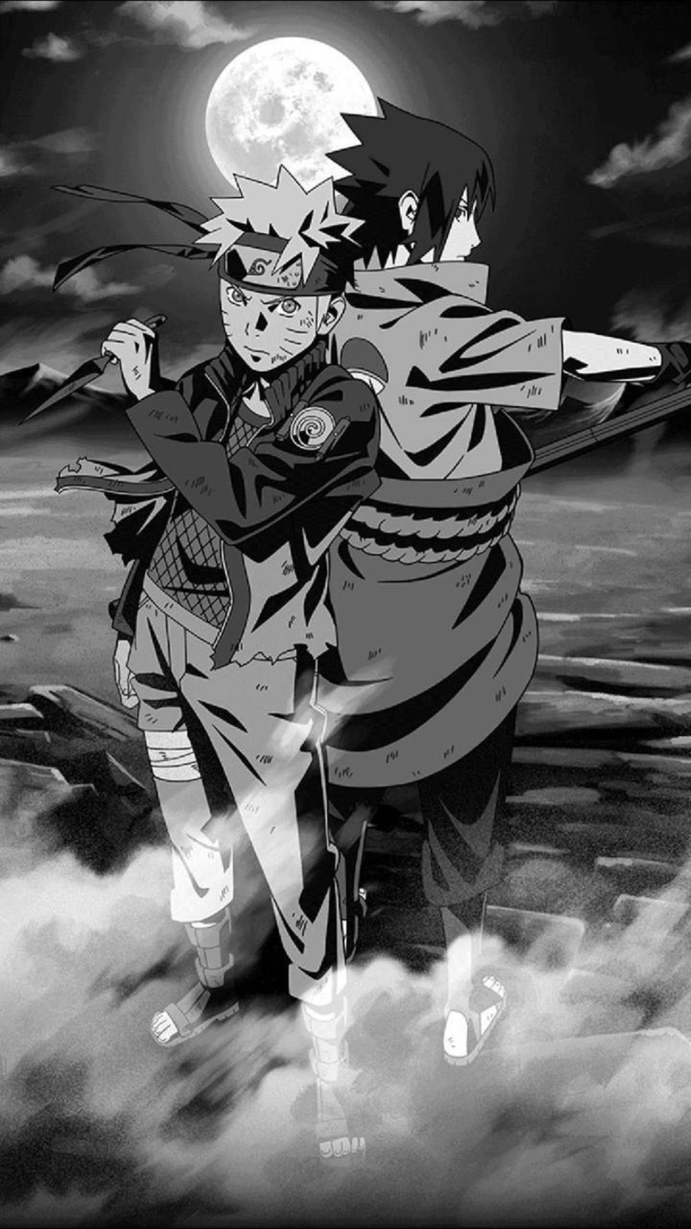 Sasuke na Naruto Wakiwa Mgongo kwa Mgongo Nyeusi Picha ya Ukuta