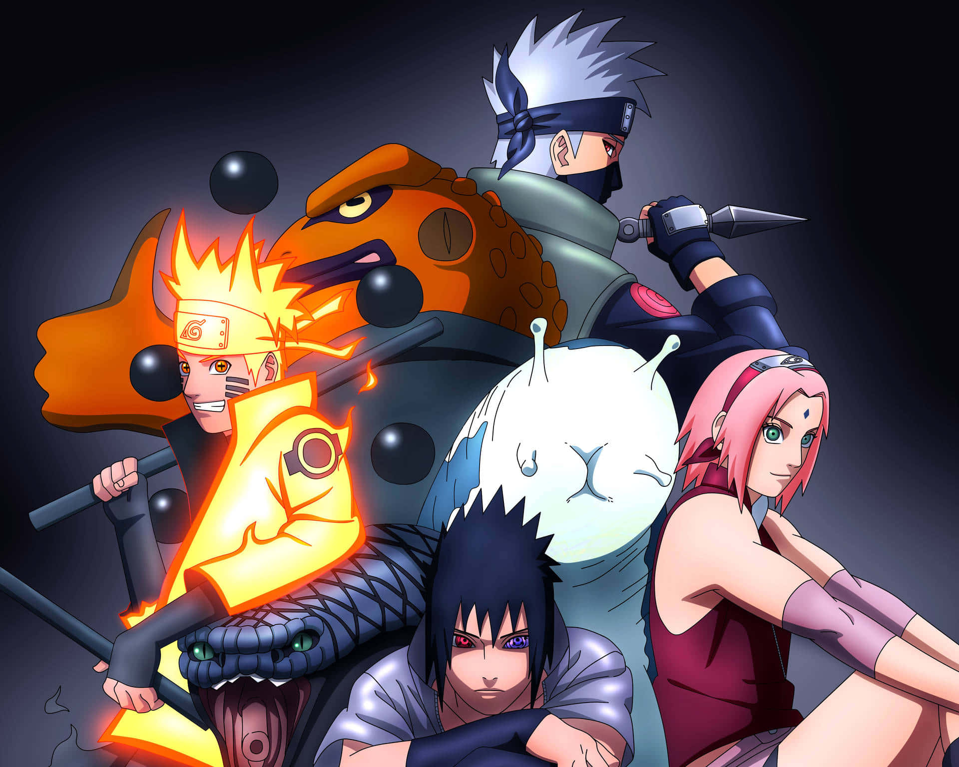 Sasuke (Uchiha), Naruto (Uzumaki), na Sakura (Haruno) wa Timu ya 7 wako tayari kuchukua misheni yao inayofuata! Picha ya Ukuta