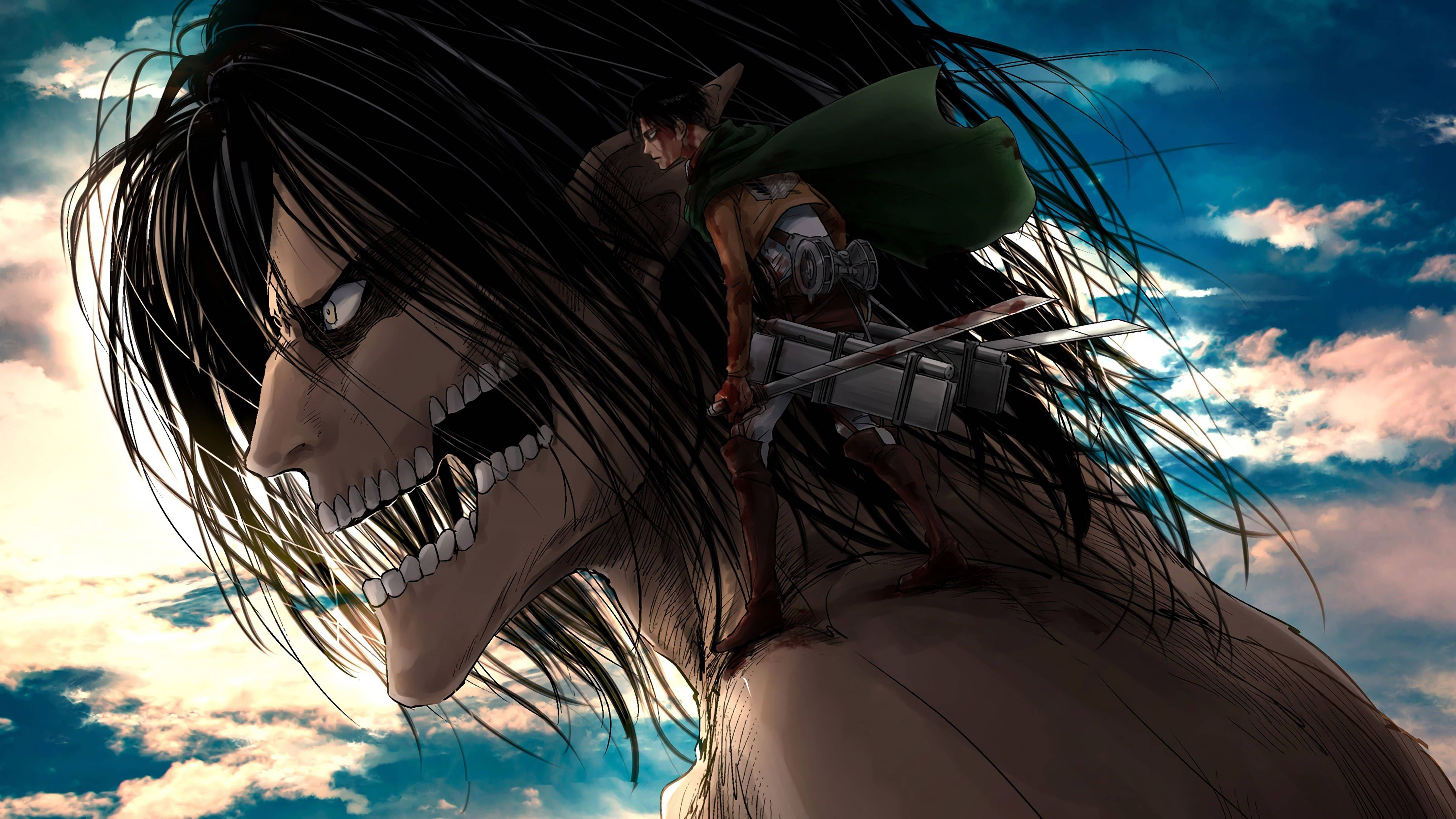 Shambulio la Watu Wakuu 4K Eren Yeager Juu ya Titan Picha ya Ukuta