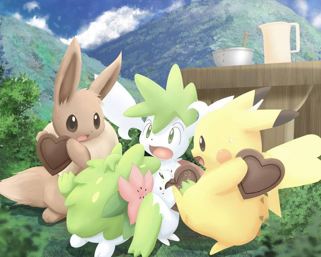 Shaymin Akicheza na Pikachu na Eevee Picha ya Ukuta