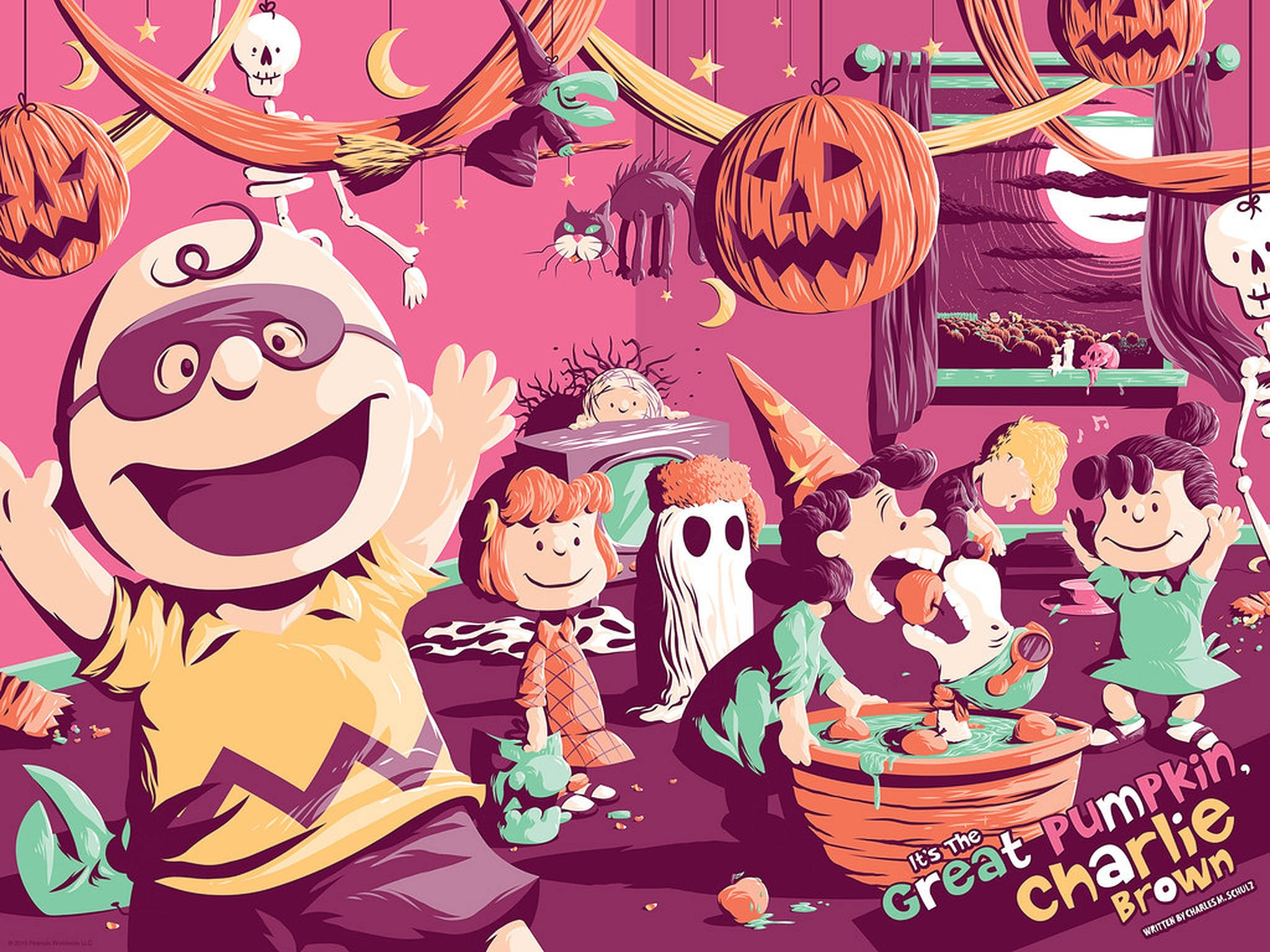 Sherehe ya Halloween ya Charlie Brown ya Rangi ya Waridi Picha ya Ukuta