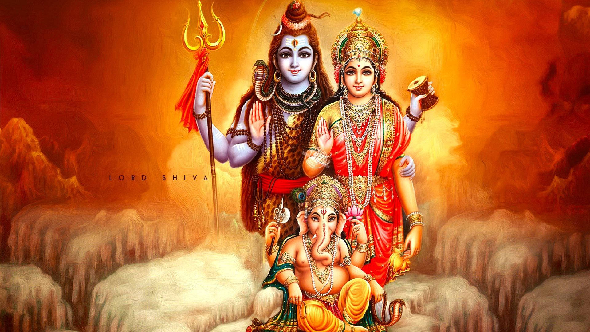Shiva Parvati Ganesha Mandharubu Nyekundu na Chungwa Picha ya Ukuta