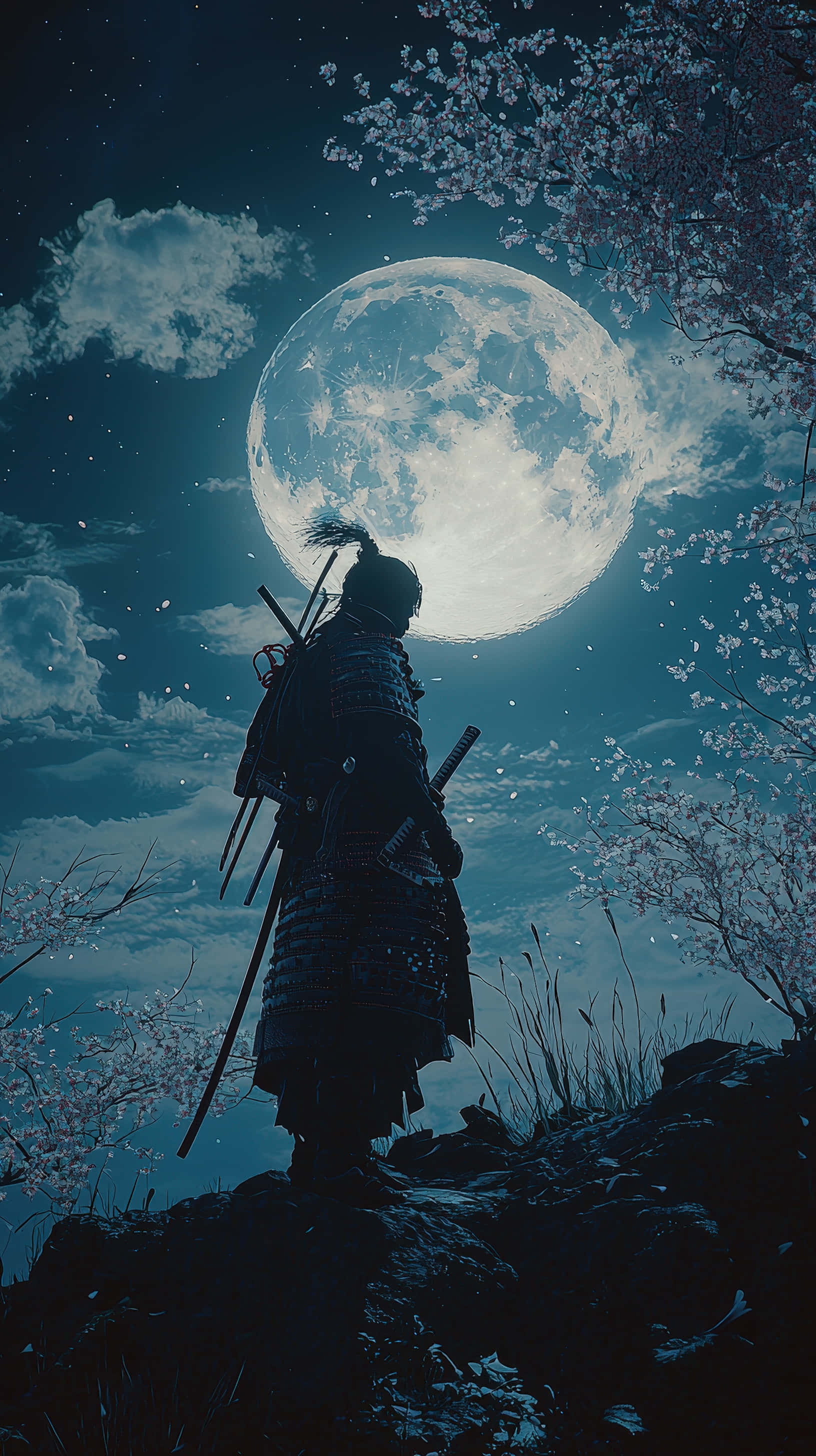 Shujaa wa samurai amesimama chini ya mwezi kamili na maua ya cherry Picha ya Ukuta