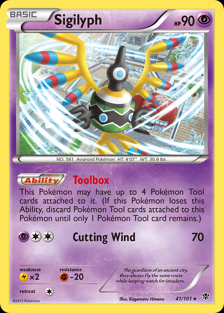 Sigilyph, anaye mwanadamu wa Pokemon wa ajabu na uwezo wa Toolbox. Picha ya Ukuta