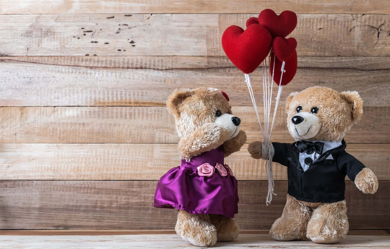 Siku ya Wapendanao Wanaume wa Teddy Wapenzi na Baluni za Moyo Mwekundu Picha ya Ukuta