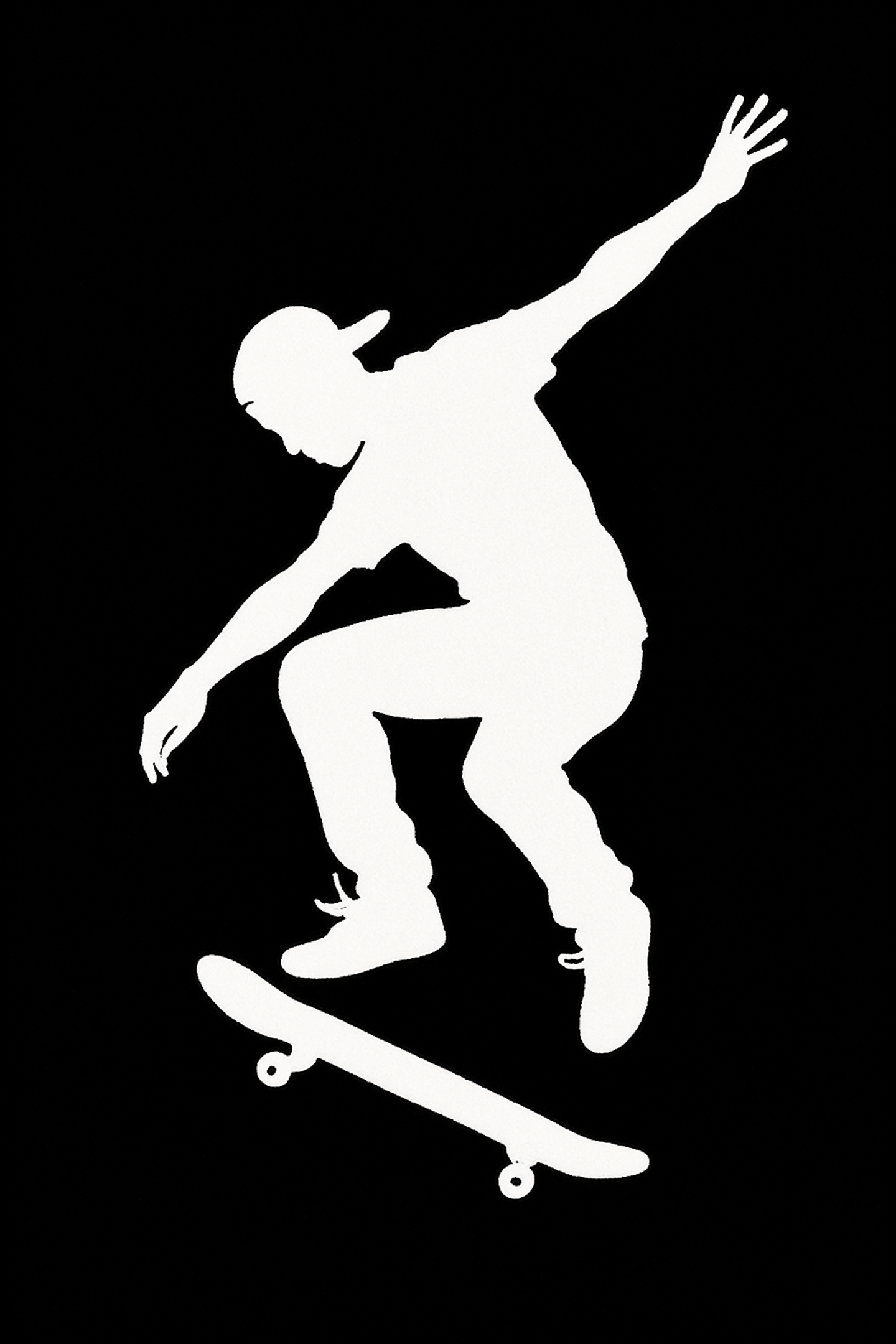 Silhouette Nyeupe ya Mchezaji Skateboard Akifanya Ujanja Picha ya Ukuta