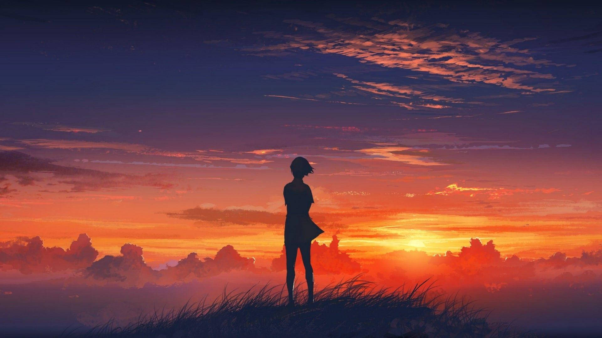 Silhouette ya Msichana wa Anime Jua Kutua Picha ya Ukuta