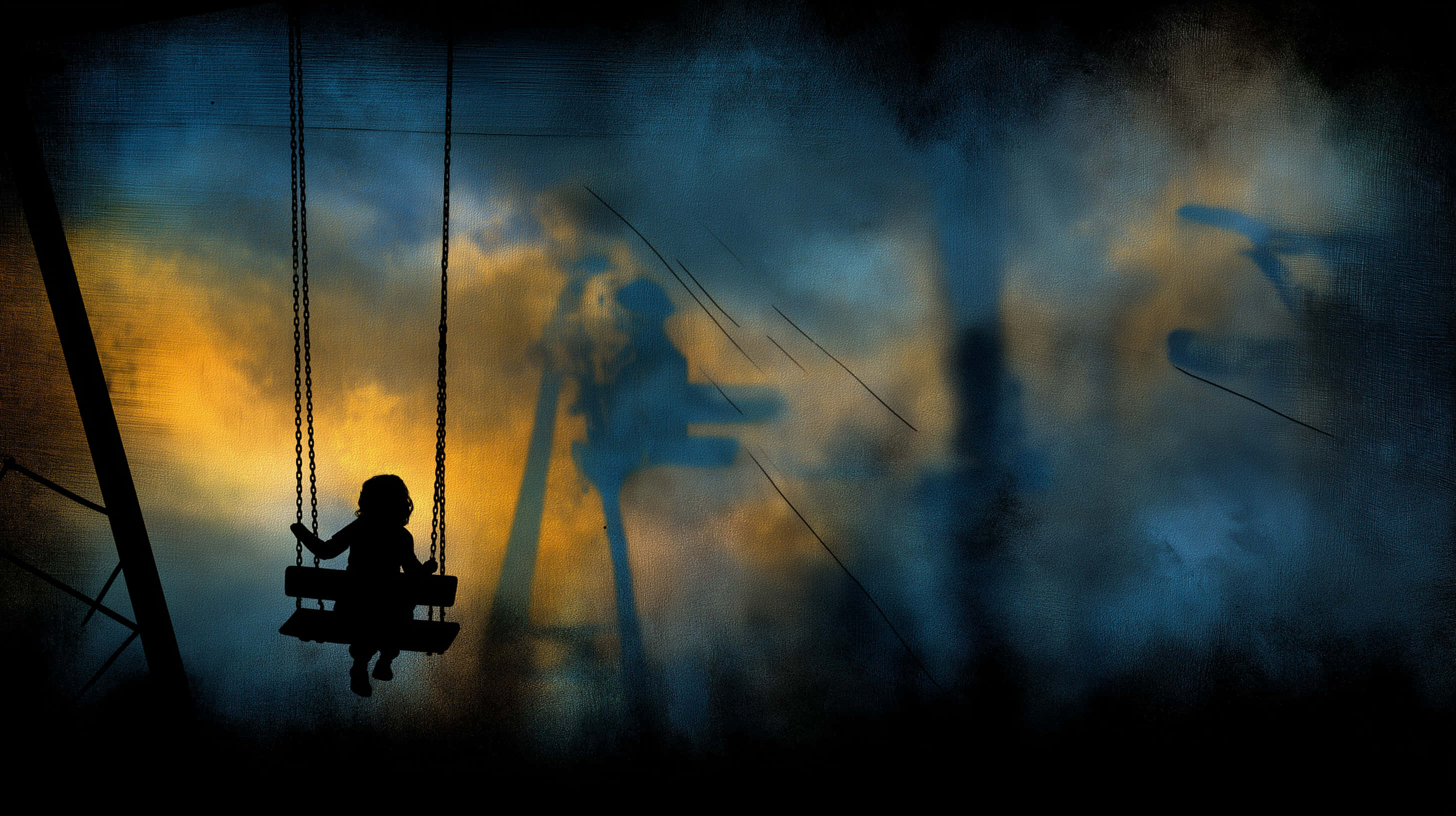Silhouette ya Mtoto kwenye Swing katika Uwanja wa Mchezo Uliopindika Picha ya Ukuta