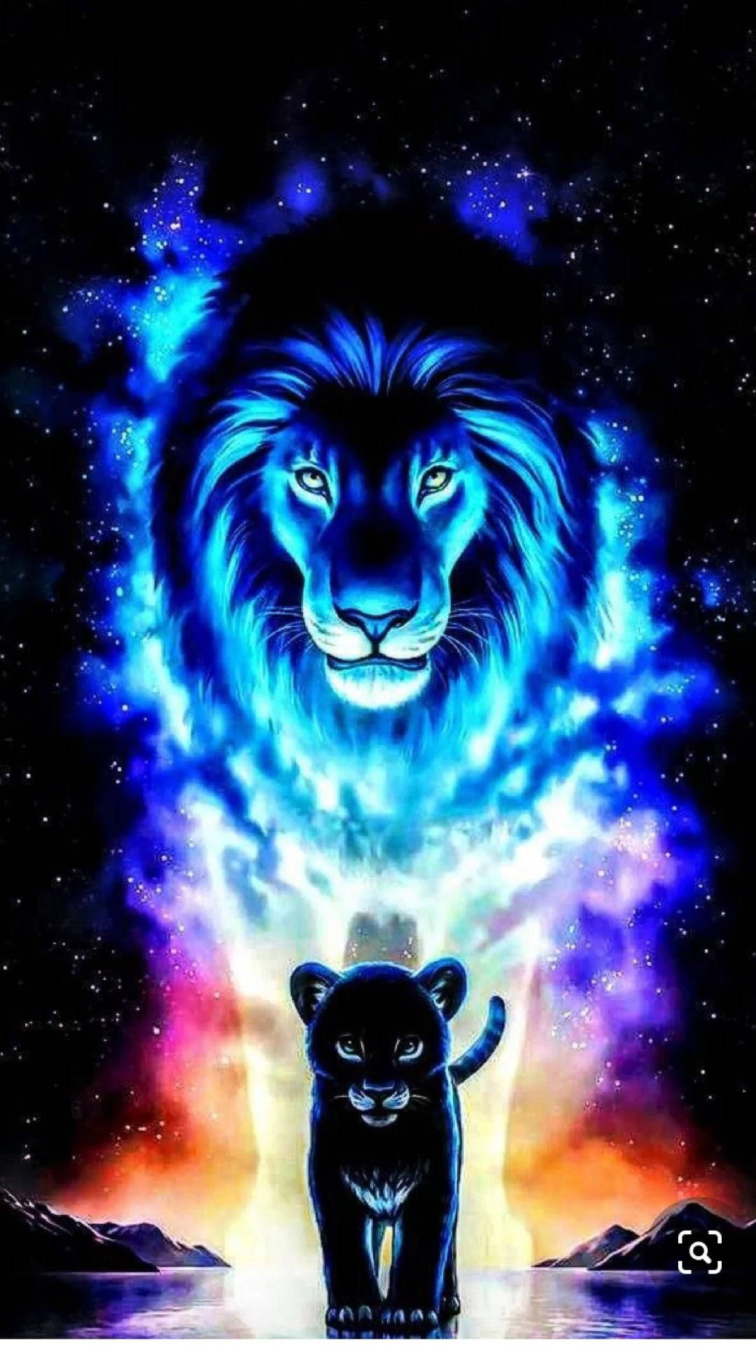 Simba Mwenye Mwanga wa Neon na Galaksi Picha ya Ukuta