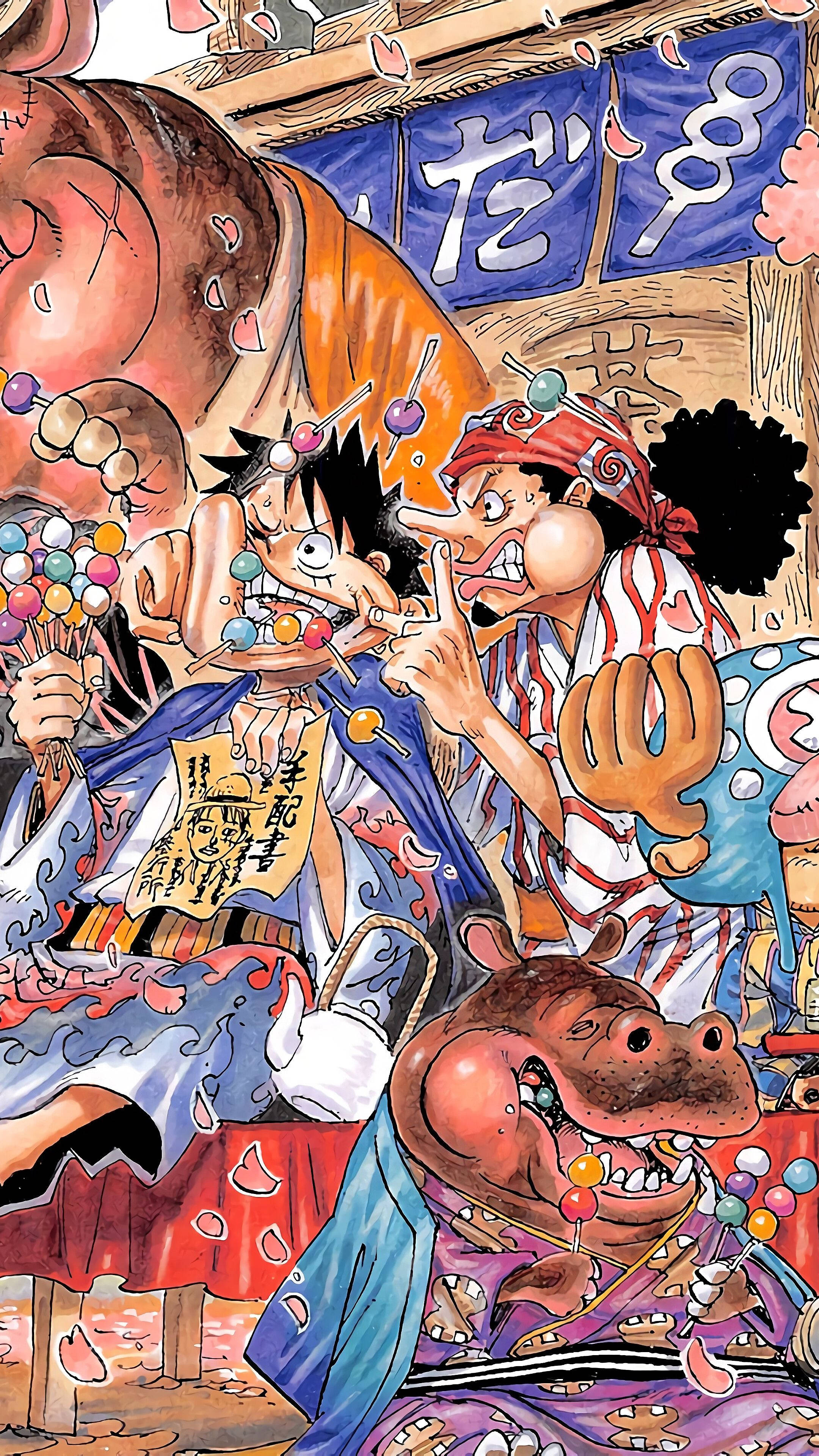 Simu ya One Piece Luffy na Usopp Wakila Dango Picha ya Ukuta