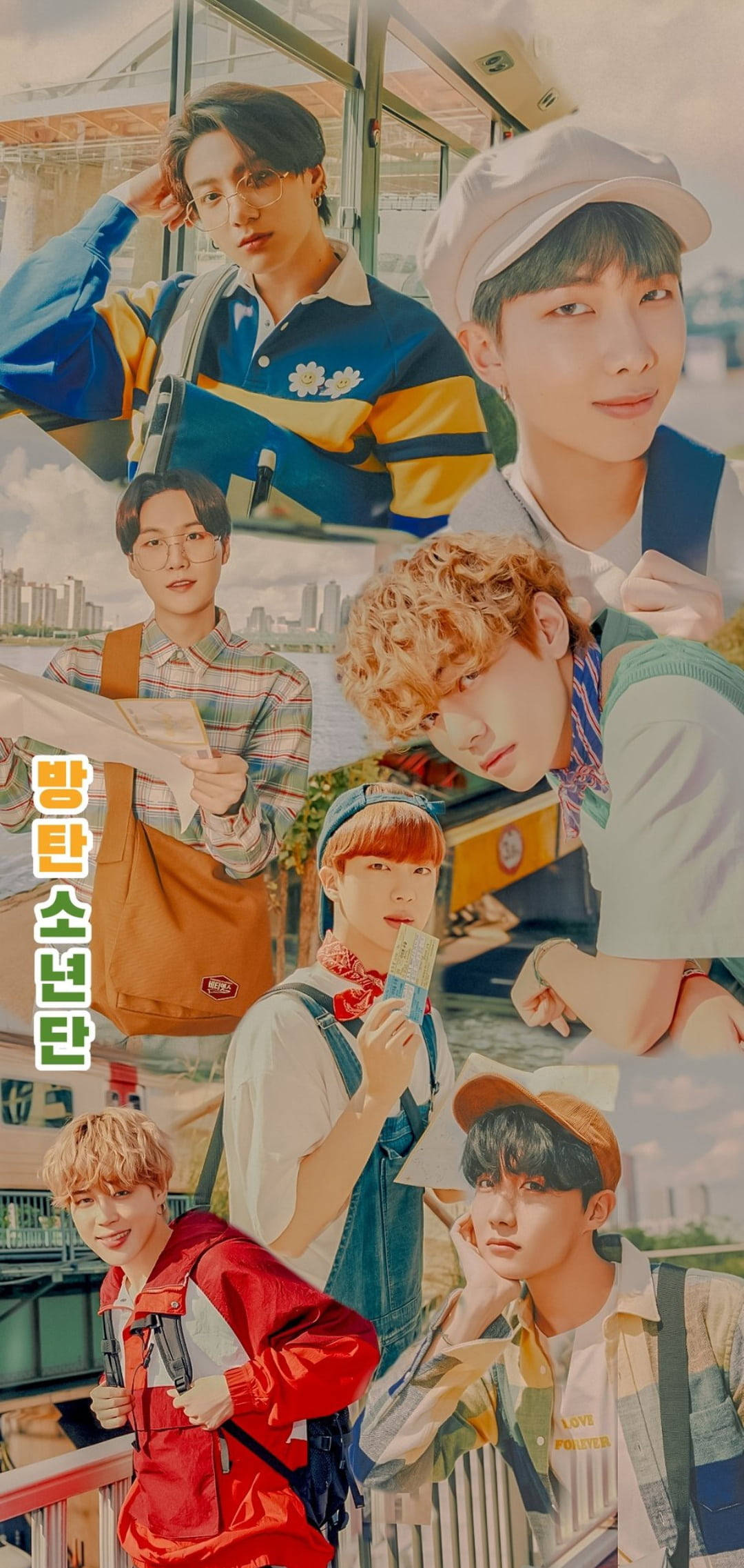 Skrini ya Kufuli ya Collage ya Retro ya BTS Picha ya Ukuta