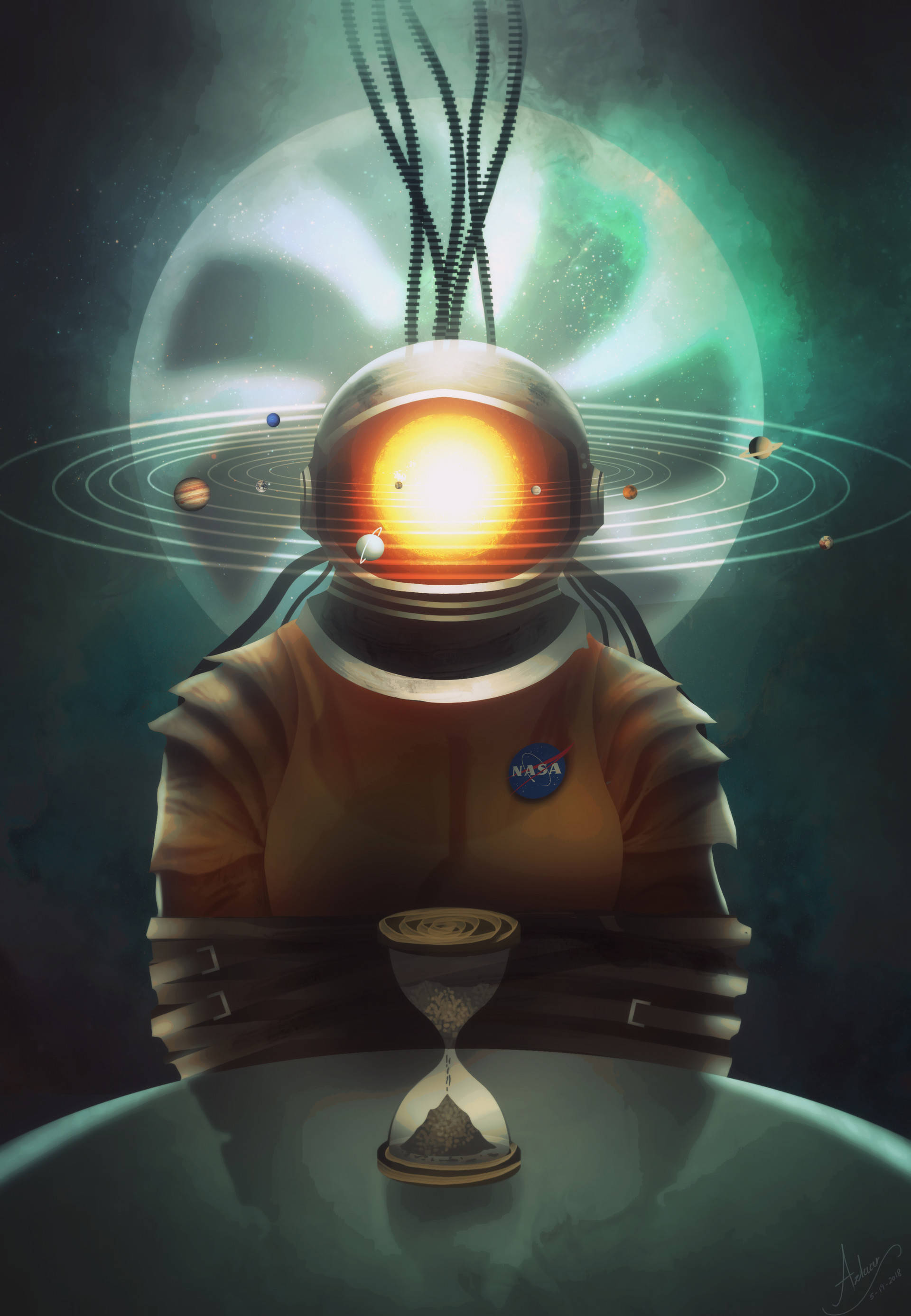 Solar System Astronaut Surrealism Art Picha ya Ukuta