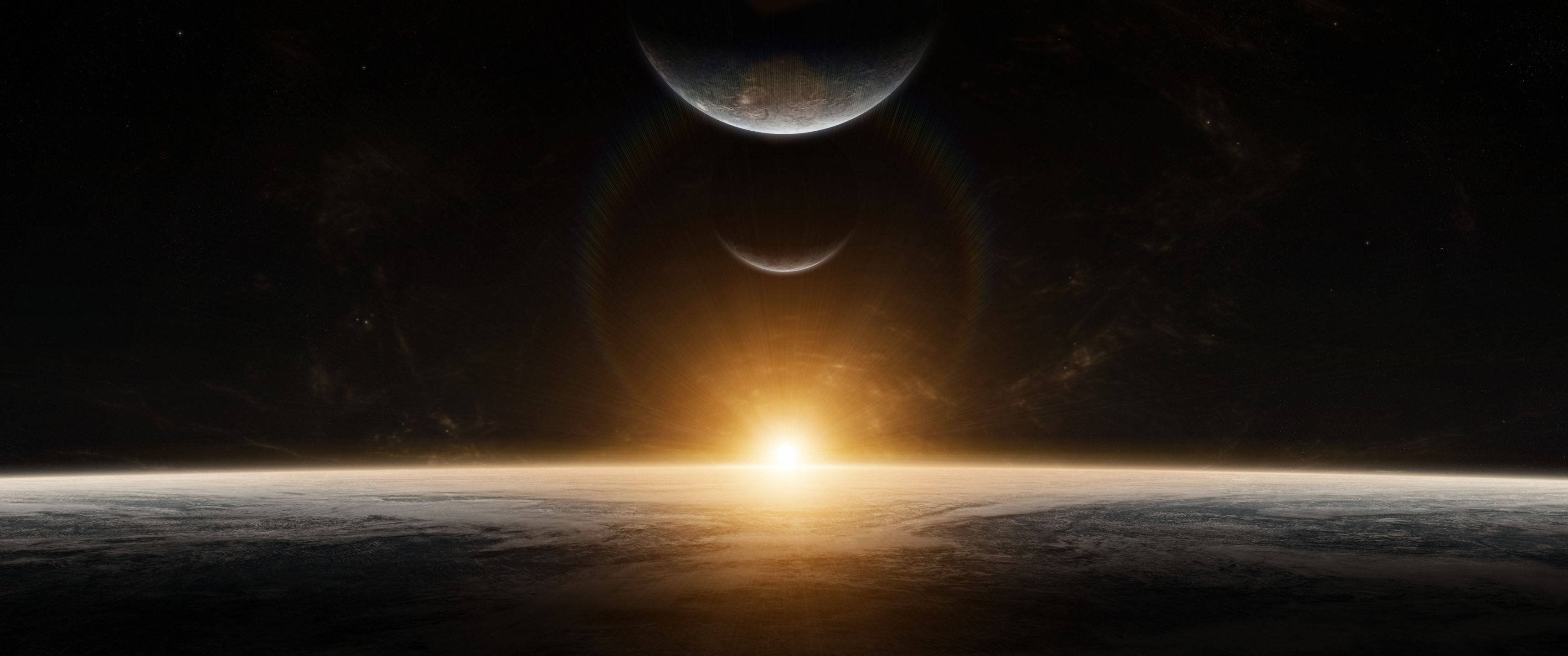 Space Sunrise Illuminating Planets Picha ya Ukuta