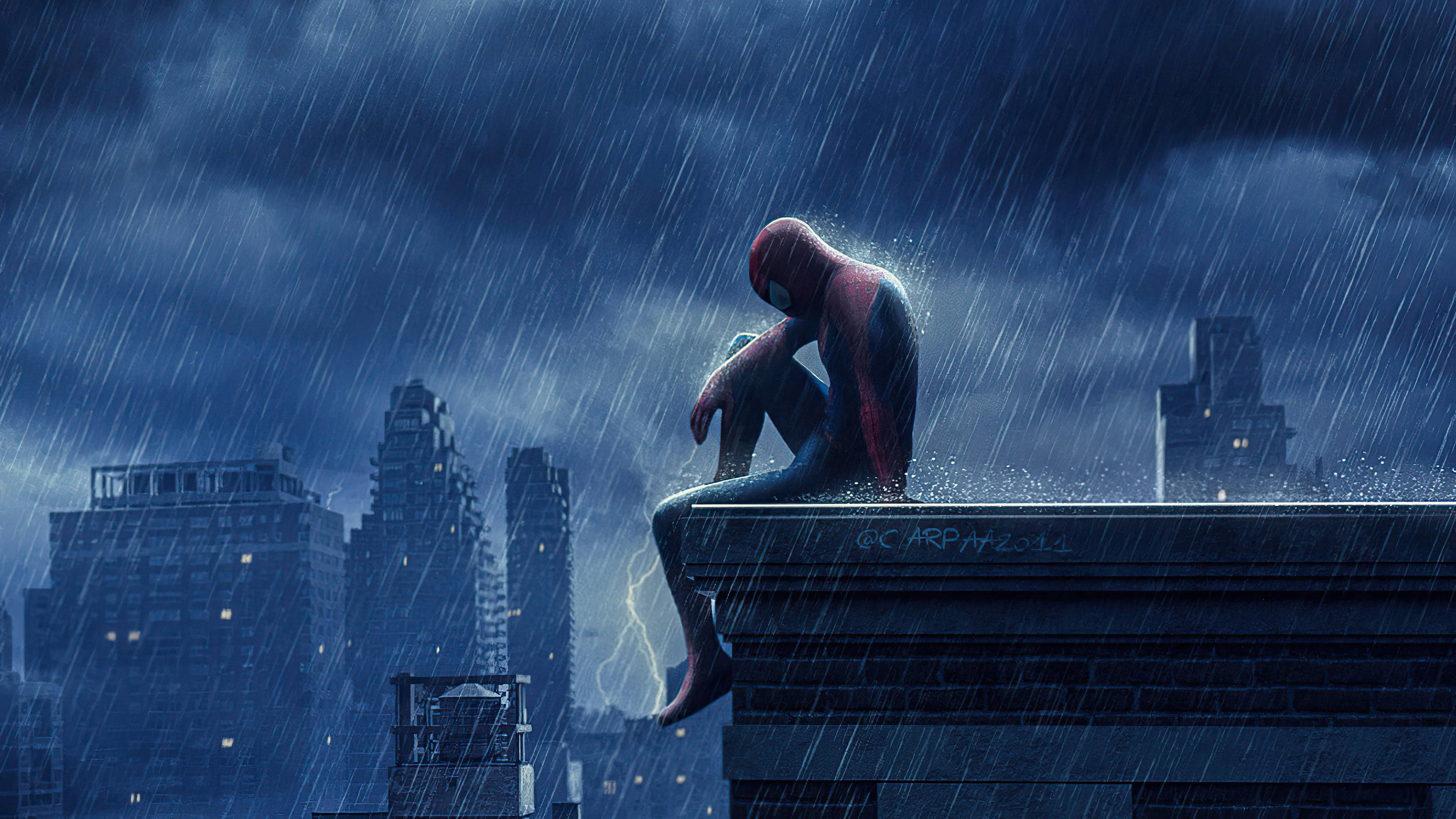 Spider-Man Juu Ya Paa Akiwa Na Huzuni 4K Picha ya Ukuta
