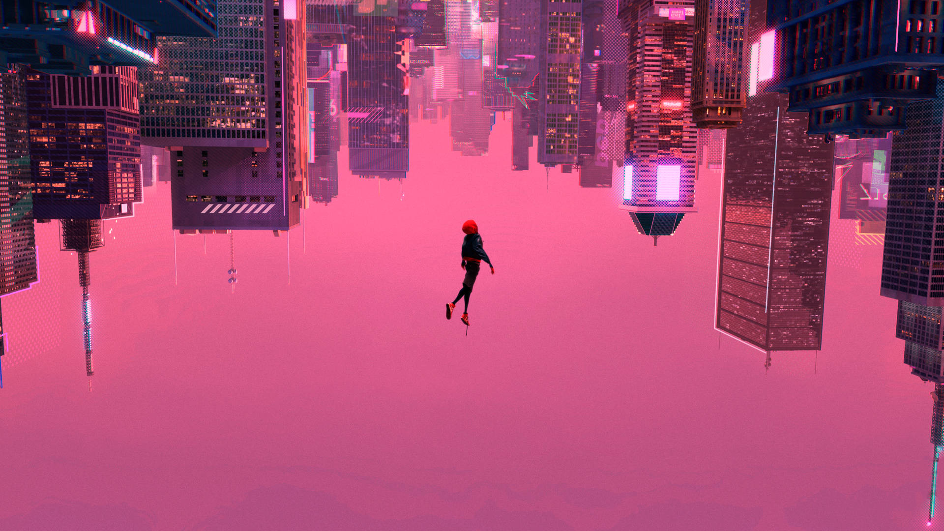 Spiderman akishuka kwa ustadi dhidi ya mandhari ya waridi Picha ya Ukuta