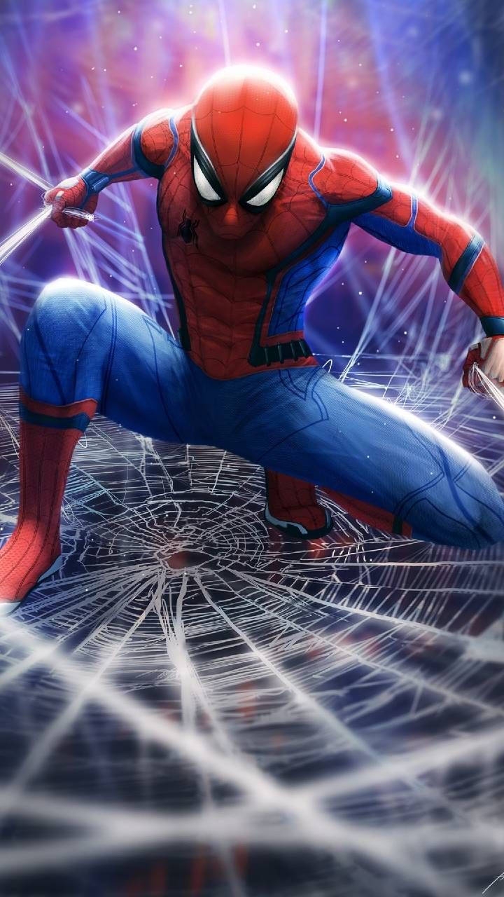 Spiderman akizunguka kati ya majumba marefu kwenye utando Picha ya Ukuta