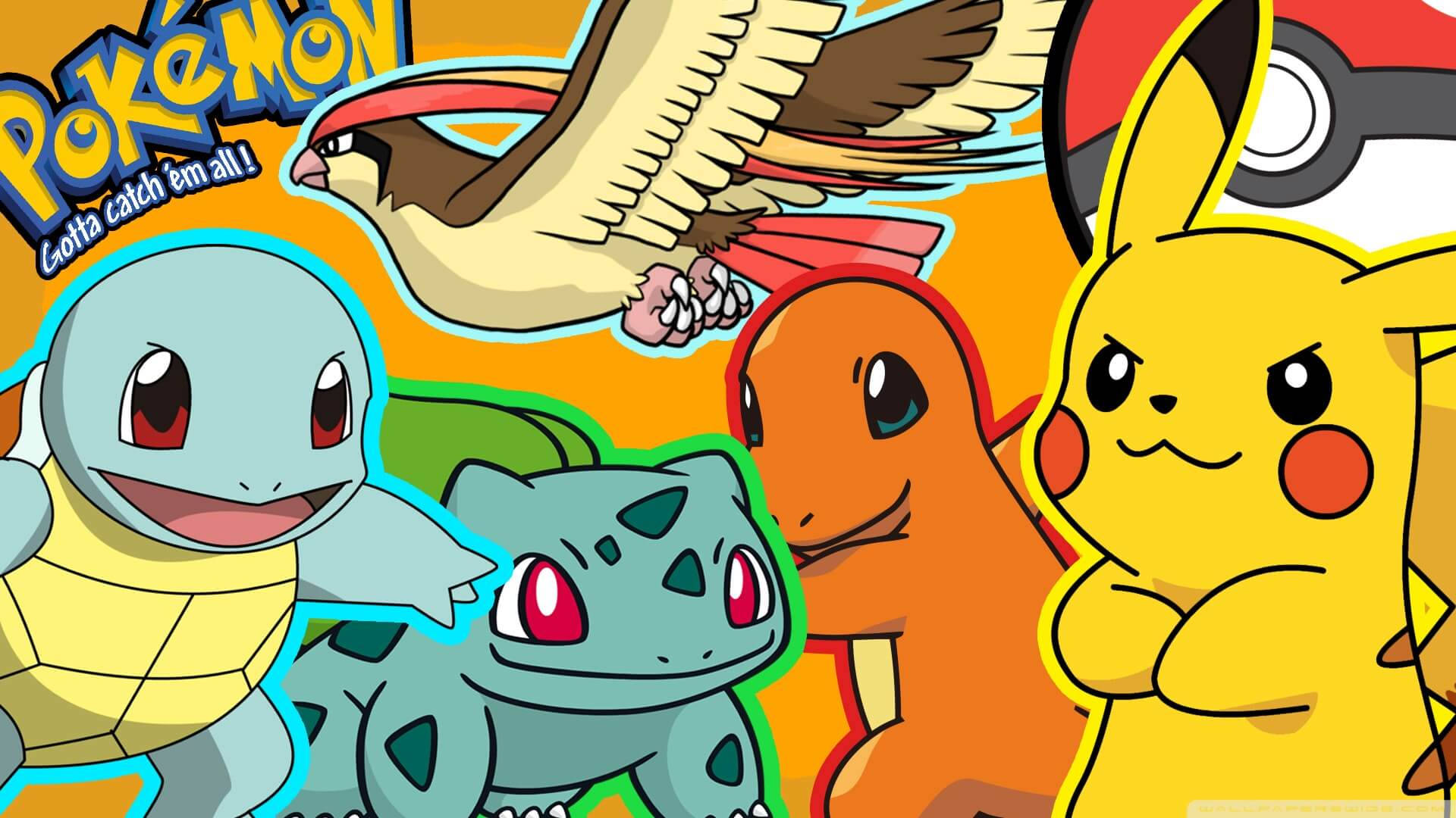 Squirtle, Bulbasaur, Charmander, Pikachu Katika Pokemon Picha ya Ukuta