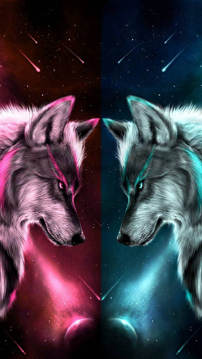 Staredown ya Mbwa Mwitu wa Galaxy ya Pinki na Bluu Picha ya Ukuta