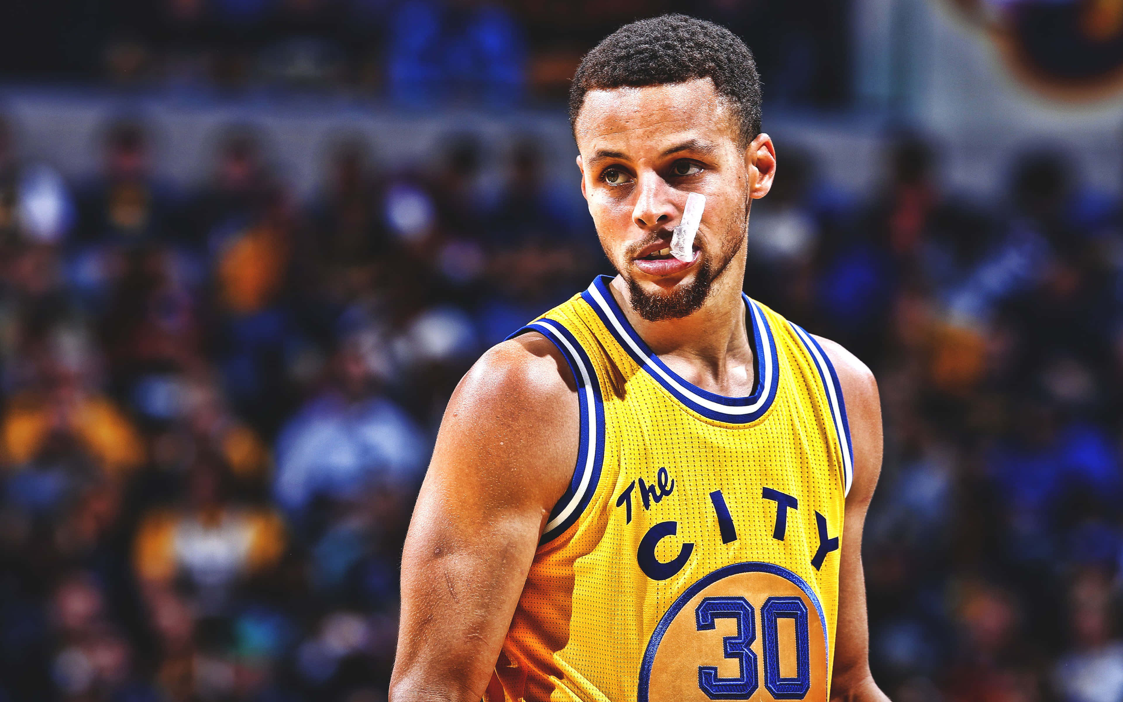 Stephen Curry 4K Akiwa na Kinywa cha Kujikinga Picha ya Ukuta
