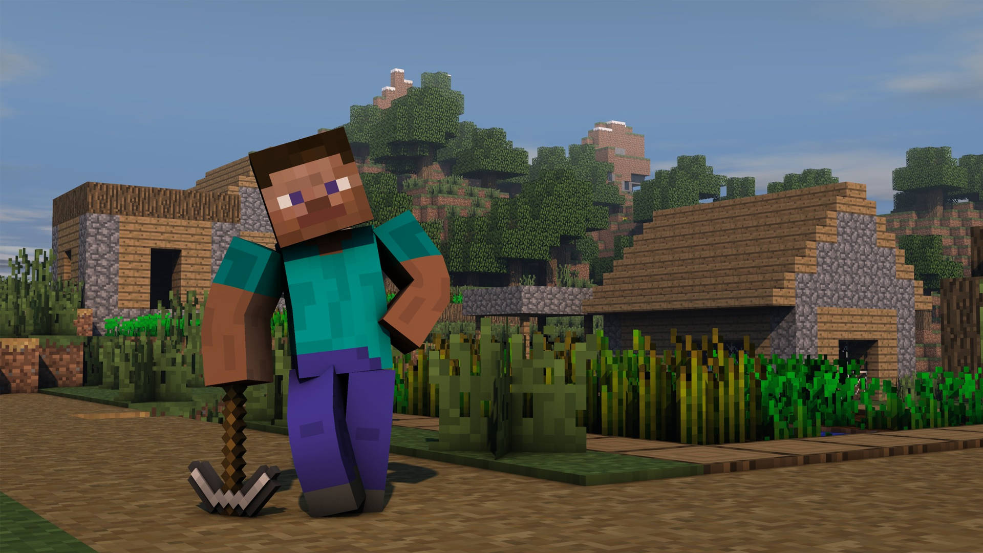 Steve Akiwa na Pikaksi ya Chuma Minecraft HD Picha ya Ukuta
