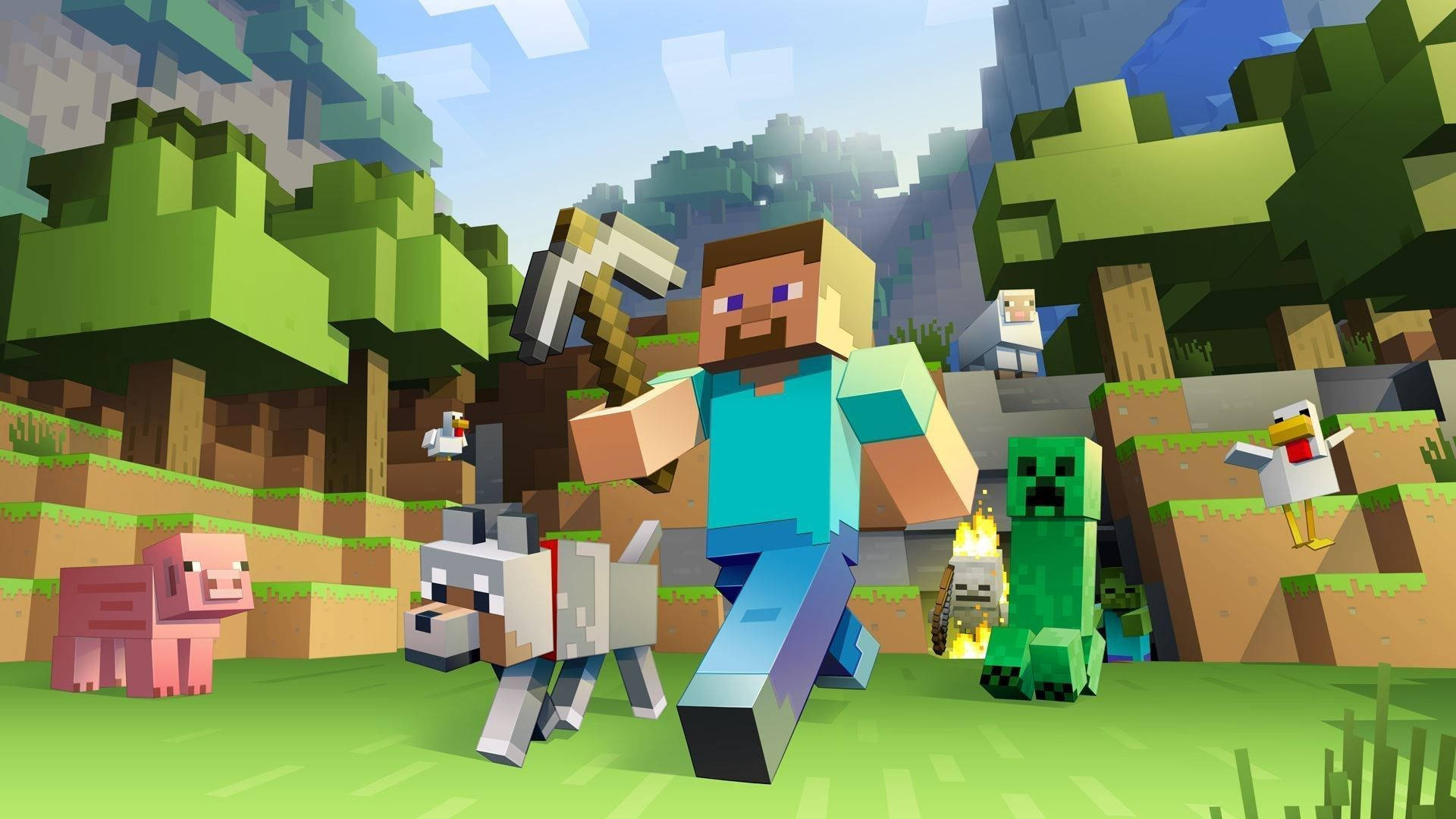 Steve na Wanyama Wanaotembea Minecraft Picha ya Ukuta
