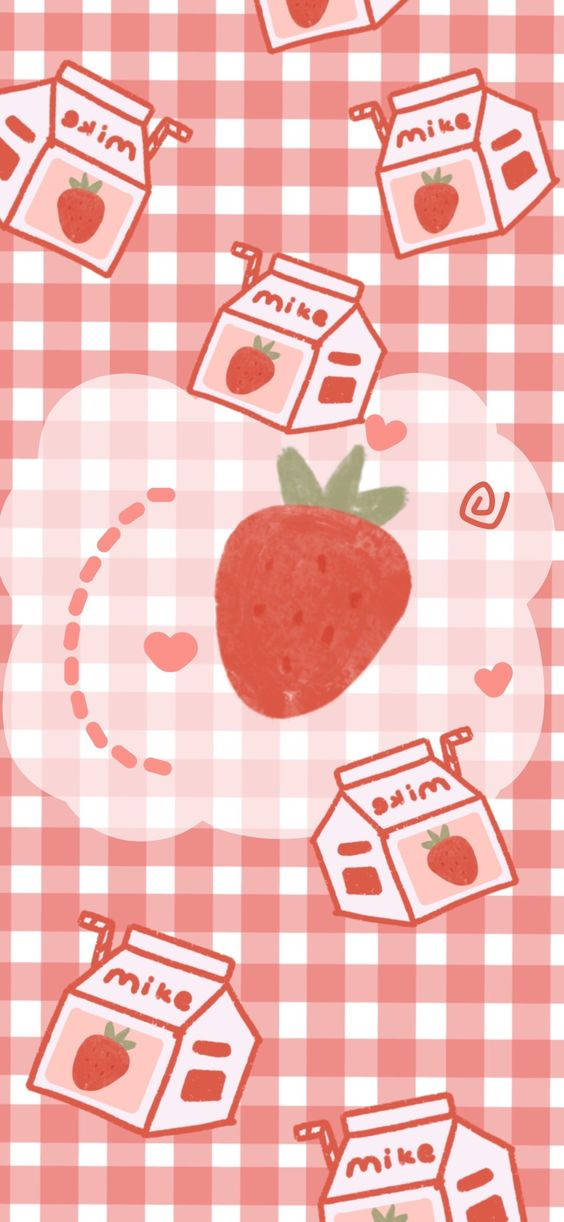 strawberry na maziwa kwenye mazingira ya checkered Picha ya Ukuta
