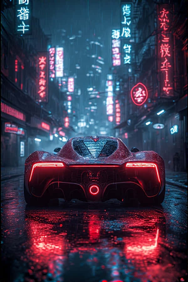 Supercar ya Cyberpunk katika Njia ya Mvua ya Neon ya Baadaye 4K Picha ya Ukuta