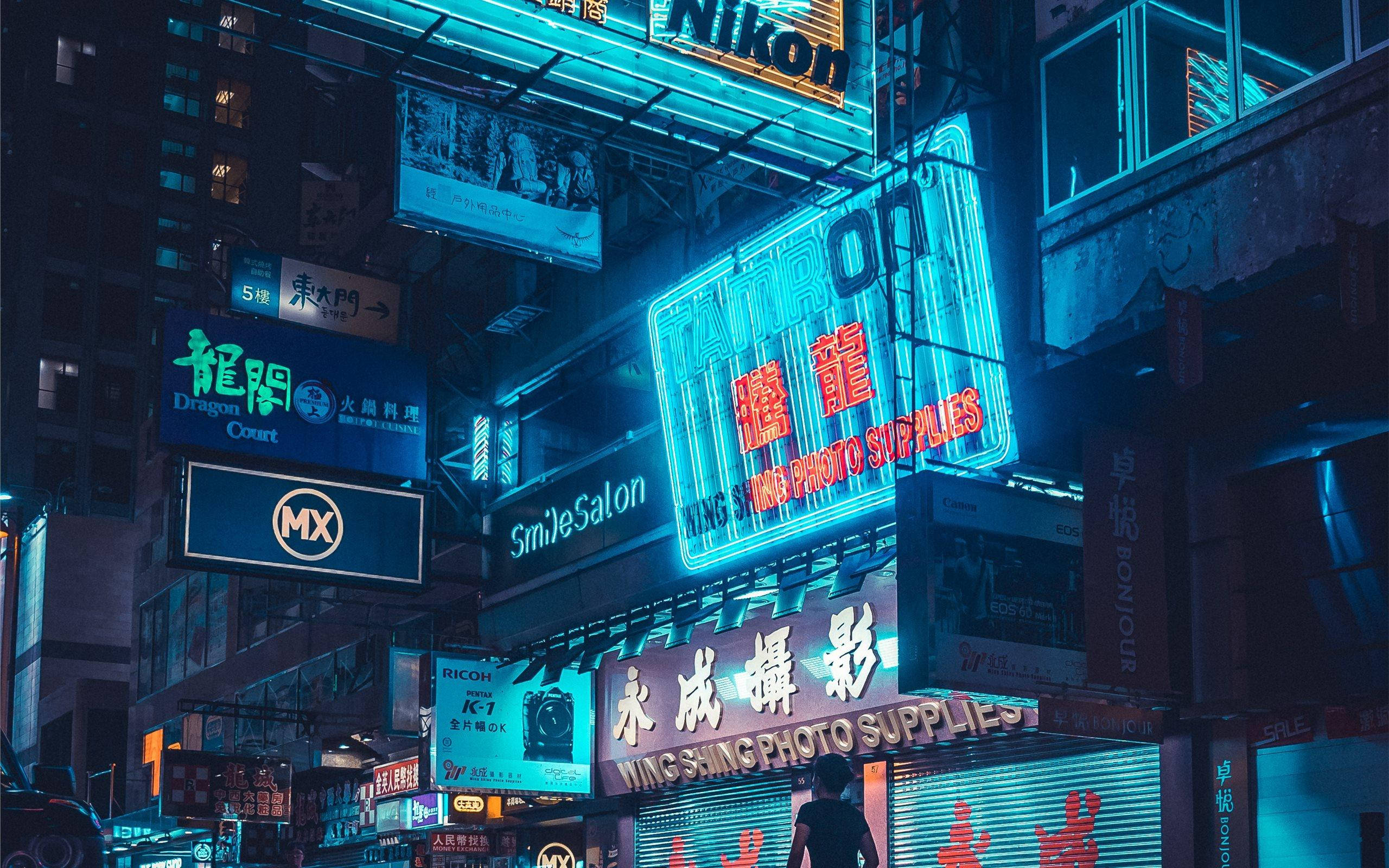 Taa za Buluu za Neon za MacBook za Kupendeza Picha ya Ukuta