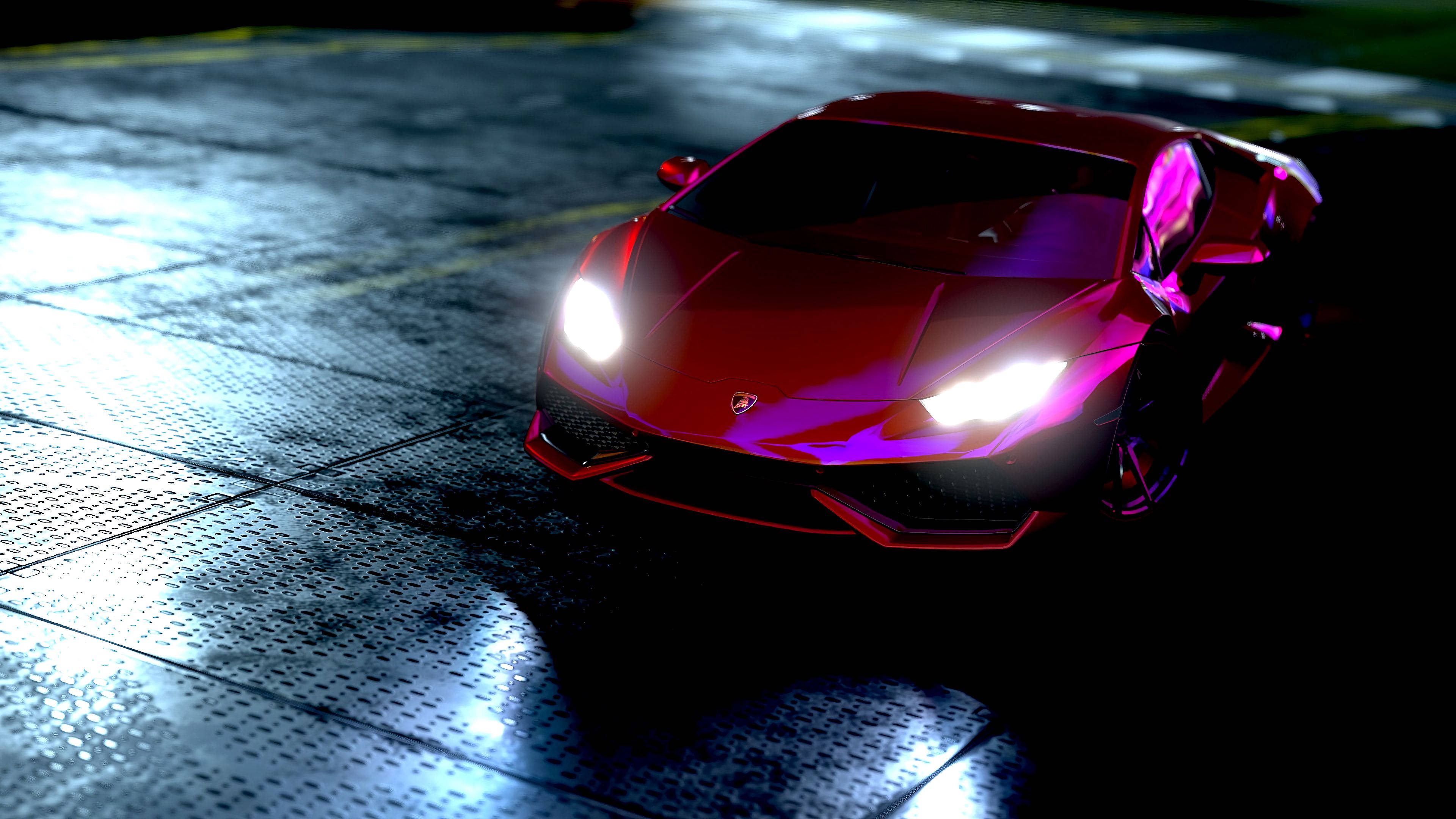 Taa Zenye Mwangaza, Jiji Kubwa: Lamborghini Huracan Nyekundu Inajumuisha Mwanga wa Neon Picha ya Ukuta