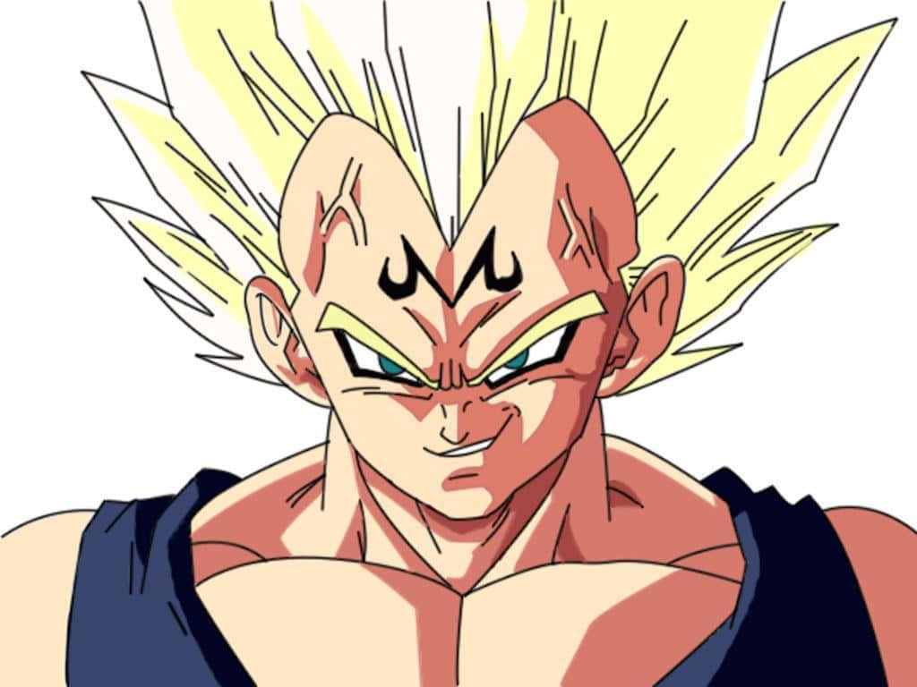 Tabasamu la Majin Vegeta kwenye Mandhari Nyeupe Picha ya Ukuta