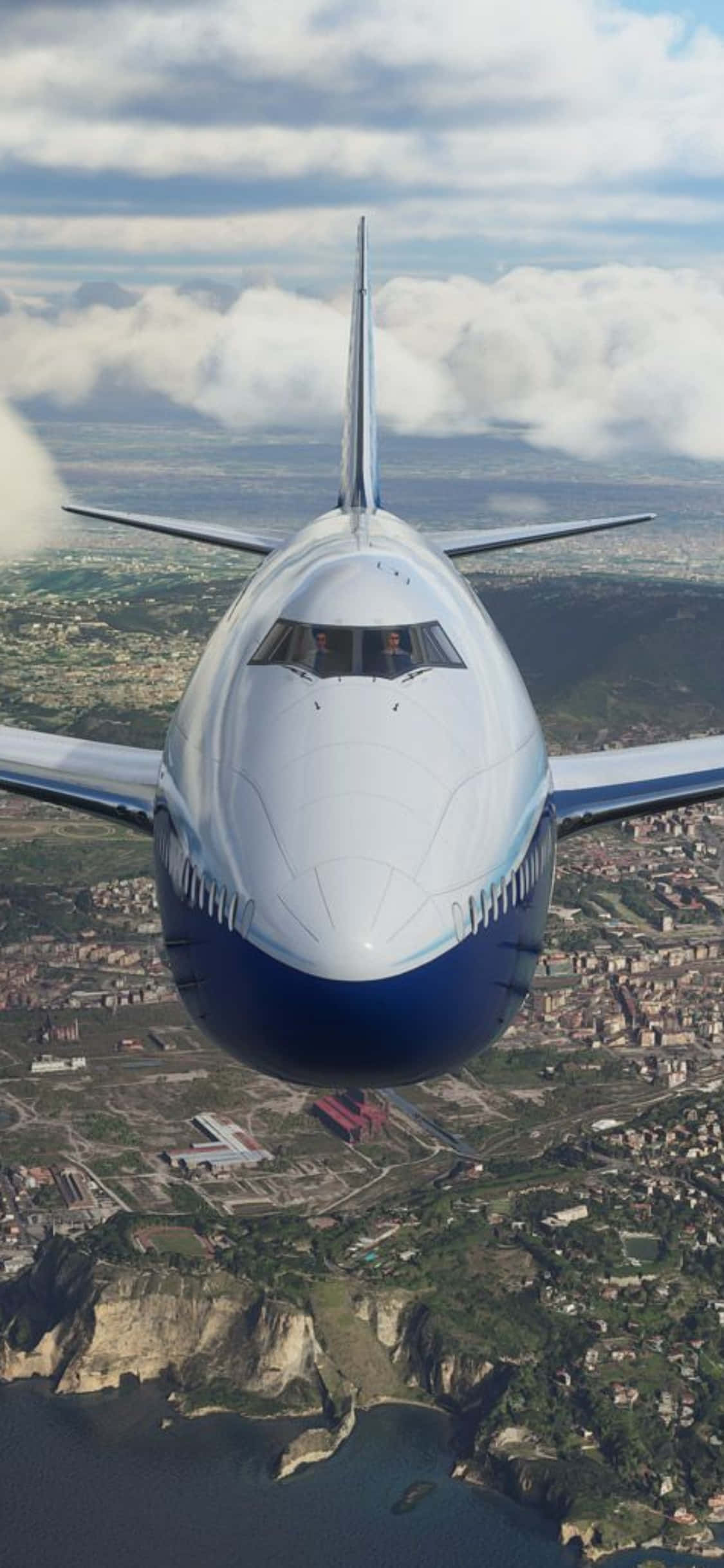 Tandika mwendo wako wa kufurahia upepo kwa mwendo wa juu na iPhone Xs na Microsoft Flight Simulator. Picha ya Ukuta
