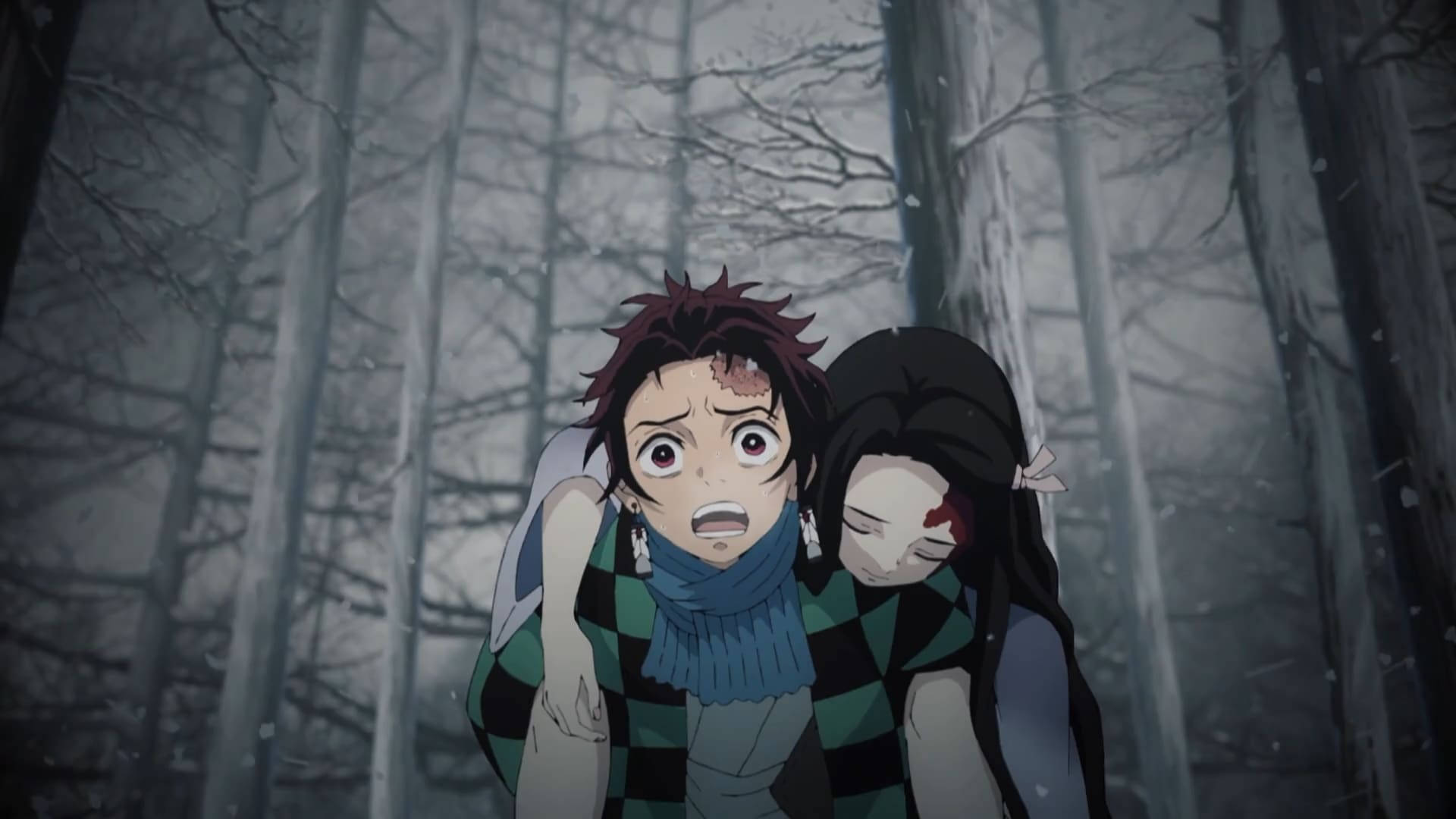 Tanjiro Akimbeba Nezuko katika Demon Slayer Picha ya Ukuta