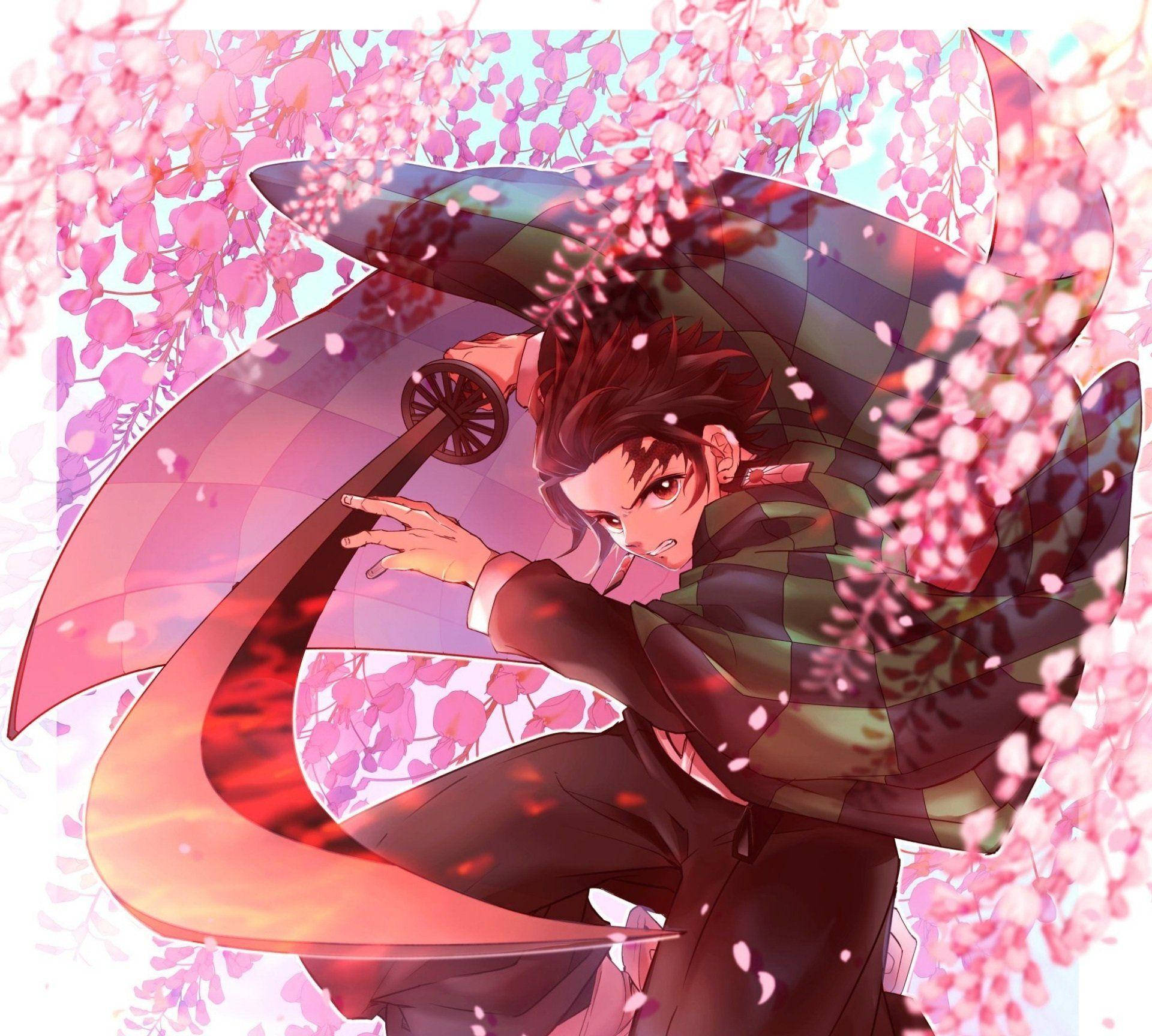 Tanjiro wa Demon Slayer Maua ya Waridi Picha ya Ukuta
