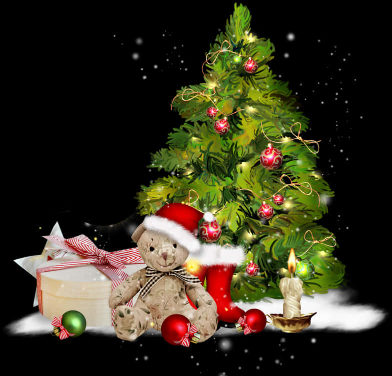 Teddy Beara wa Krismasi na Mti Picha ya Ukuta